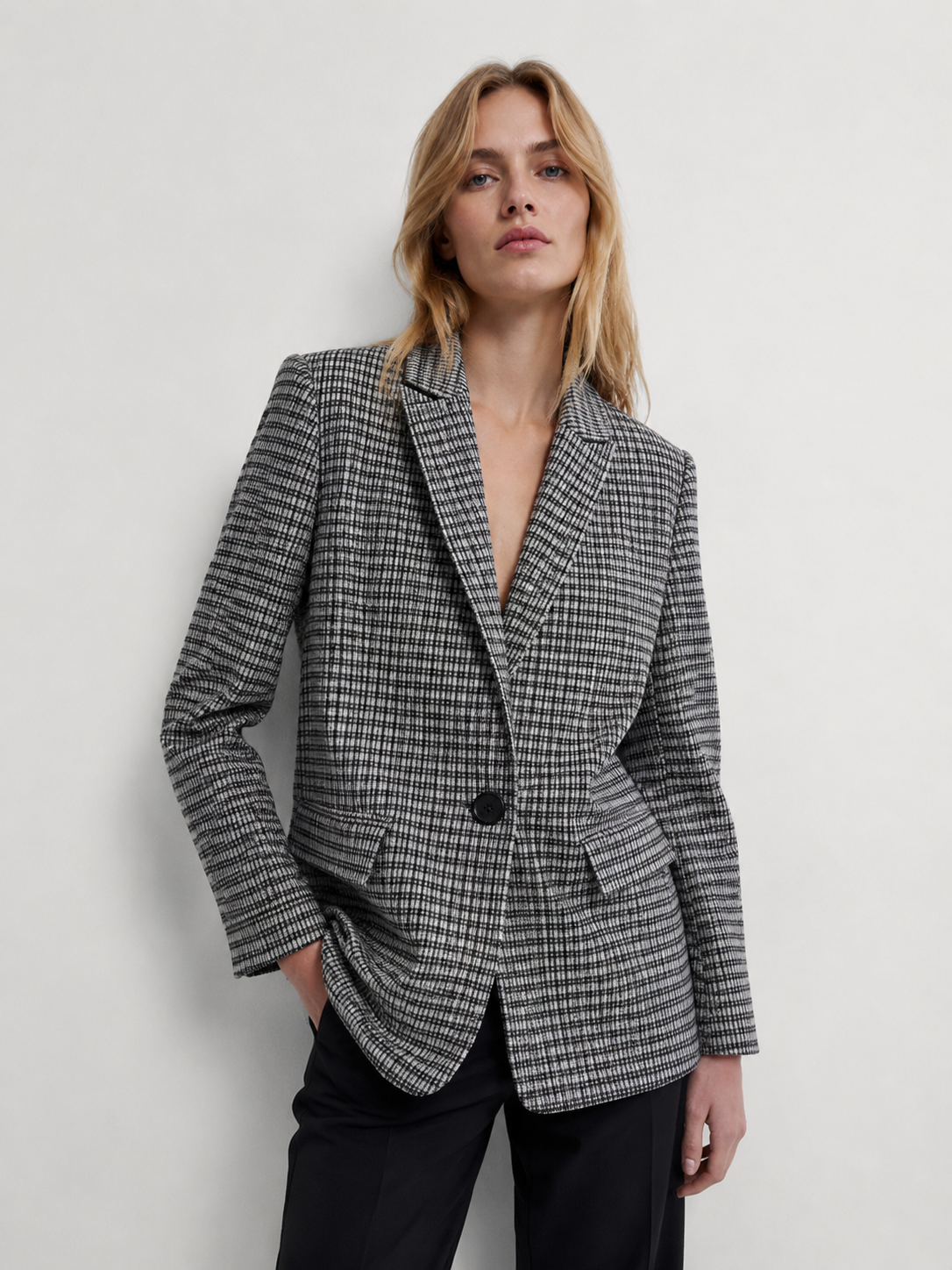 Navy White Plaid Single-Breasted Blazer - Casual Outerwear M-42875