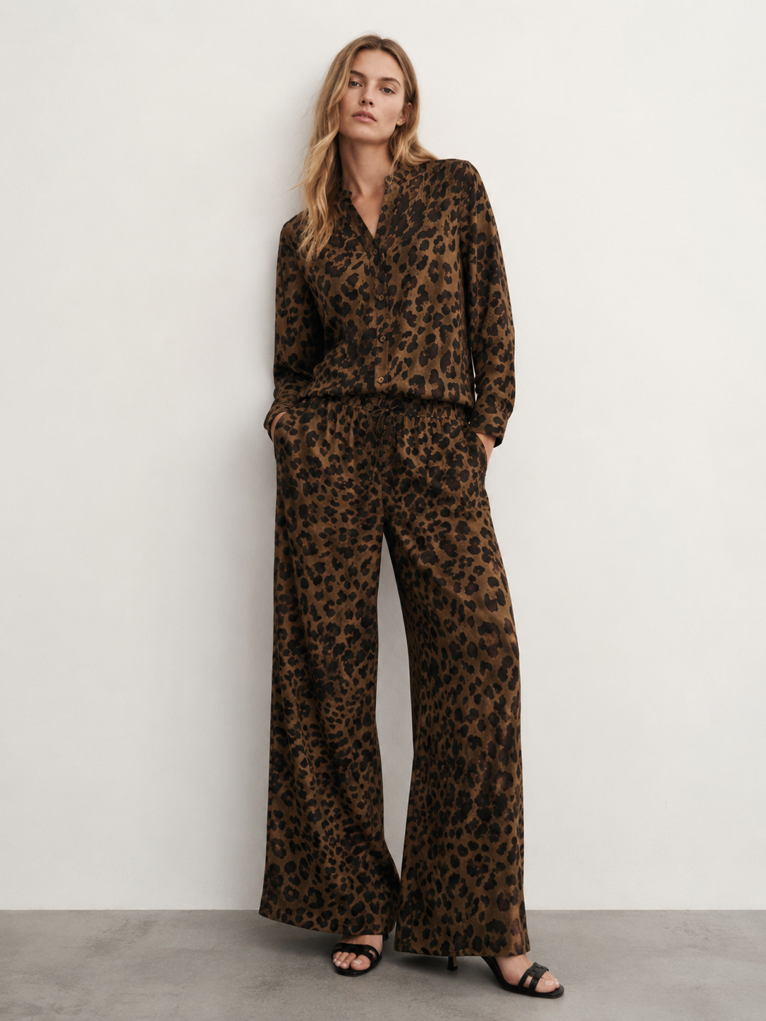Leopard Print Shirt and Wide Leg Pants Set - Two-Piece Outfit W-43066+W-43064