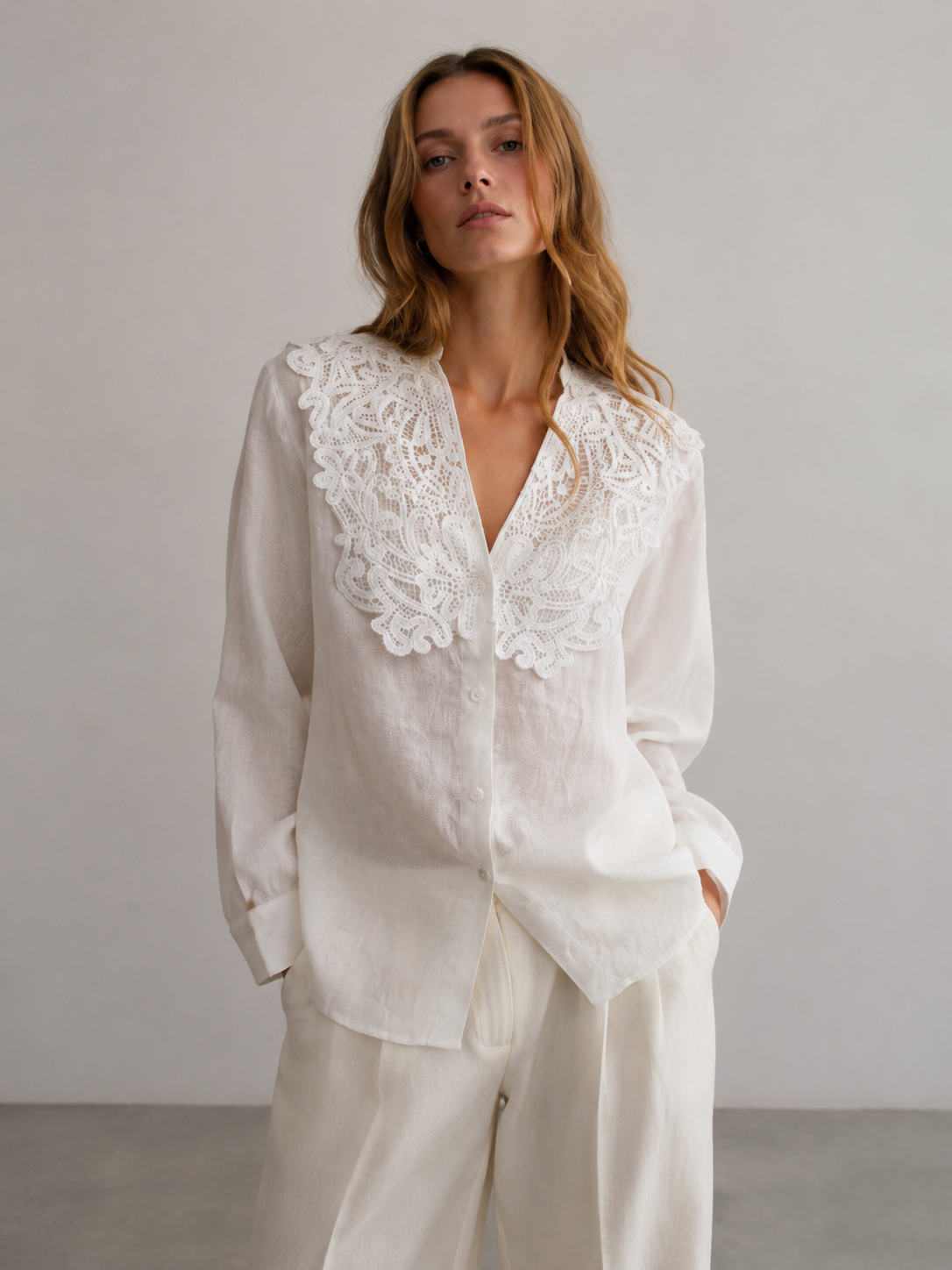 White Linen Shirt with Lace Collar - Casual Long Sleeve Blouse XW-42332