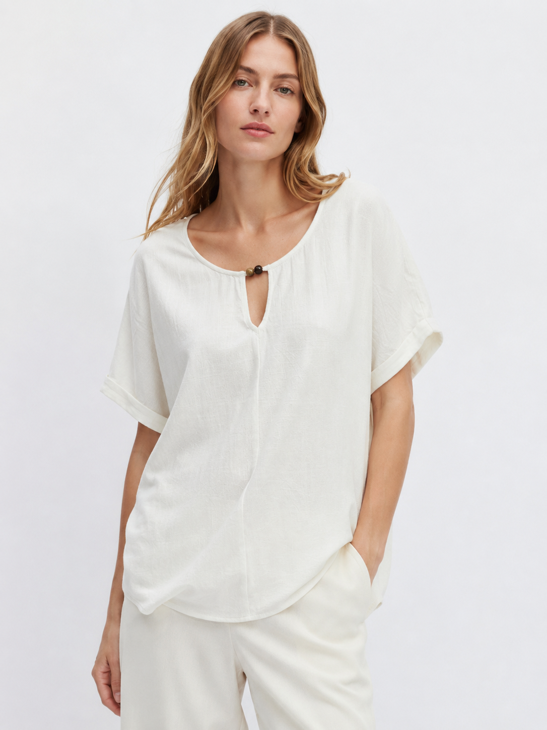 Boho Linen Texture Keyhole Neck Top Casual Short Sleeve Loose Blouse for Women A-42023