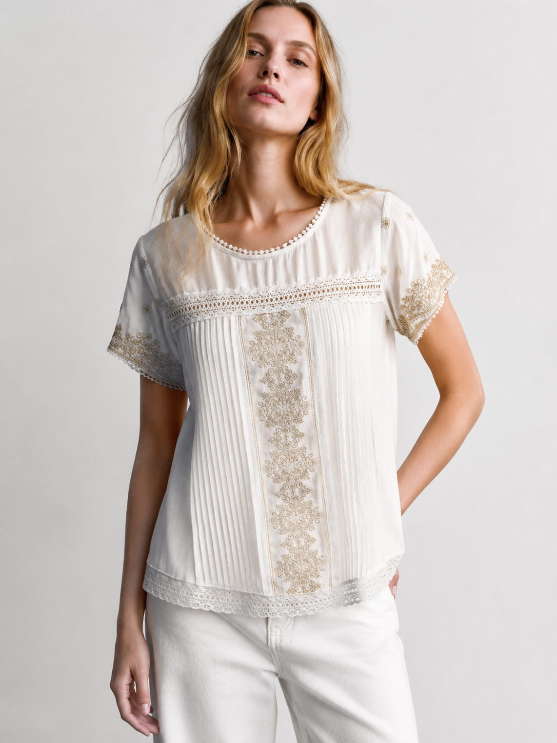 Boho Crochet Lace Insert Blouse Elegant Short Sleeve Embroidered Cotton Top AN-261051