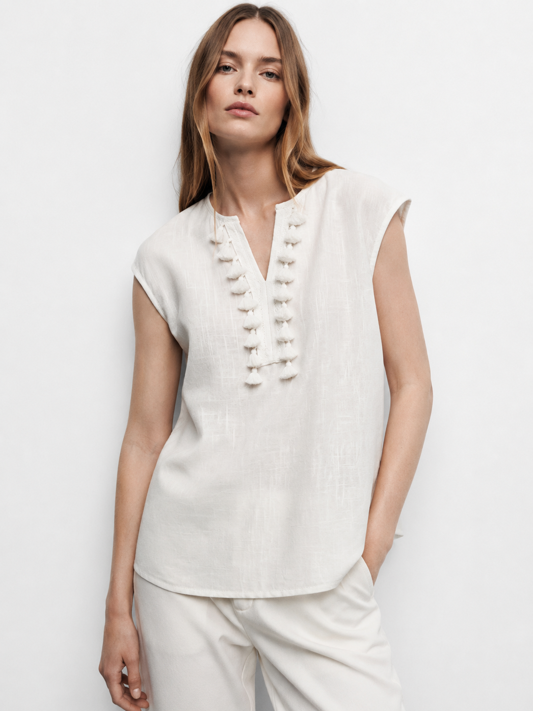 Boho Tassel Trim Sleeveless Linen Top Casual V-Neck Blouse for Women C-41968