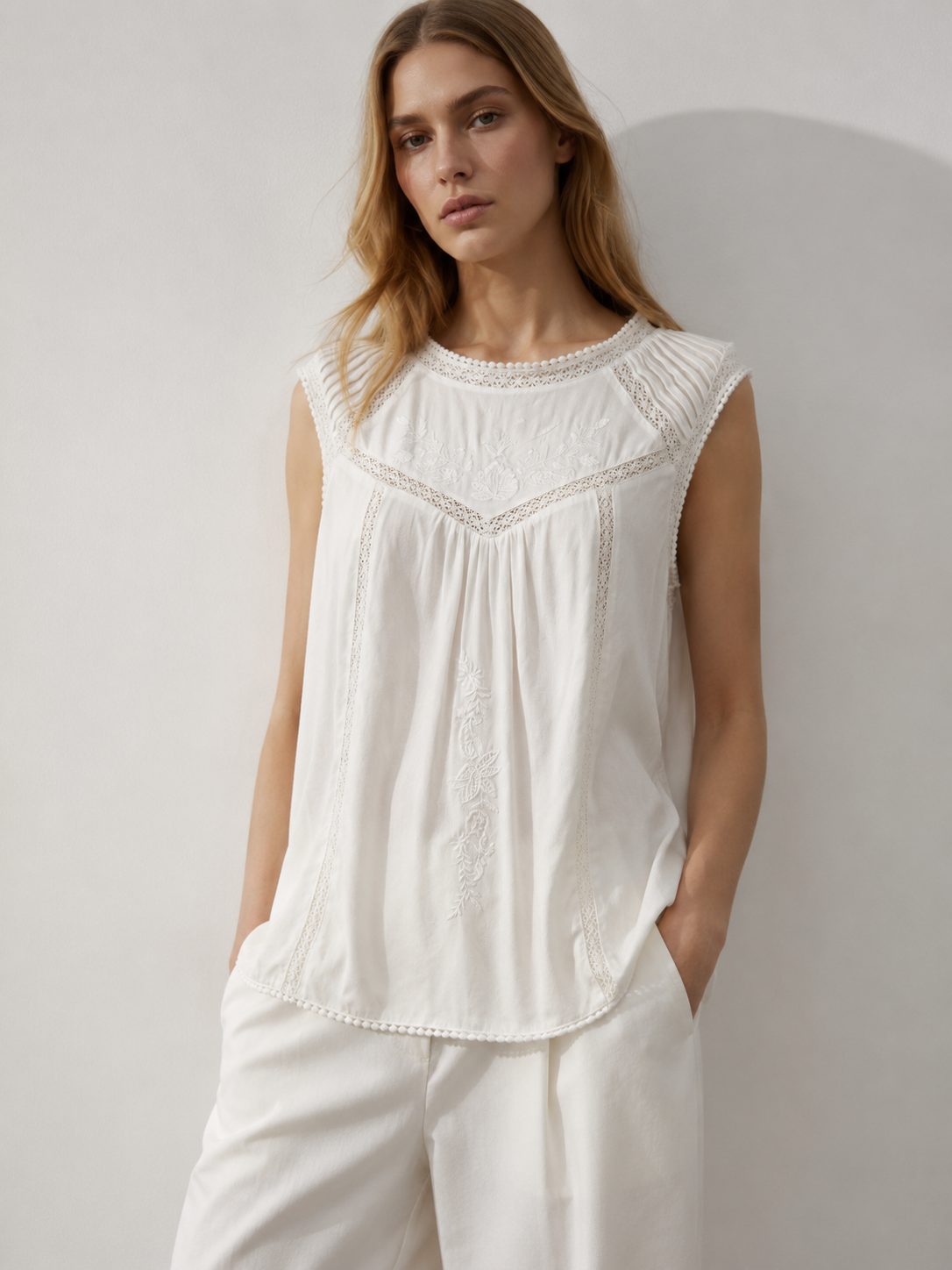 Boho White Cotton Embroidered Blouse Crochet Detail Pom-Pom Hem Summer Top D-41963