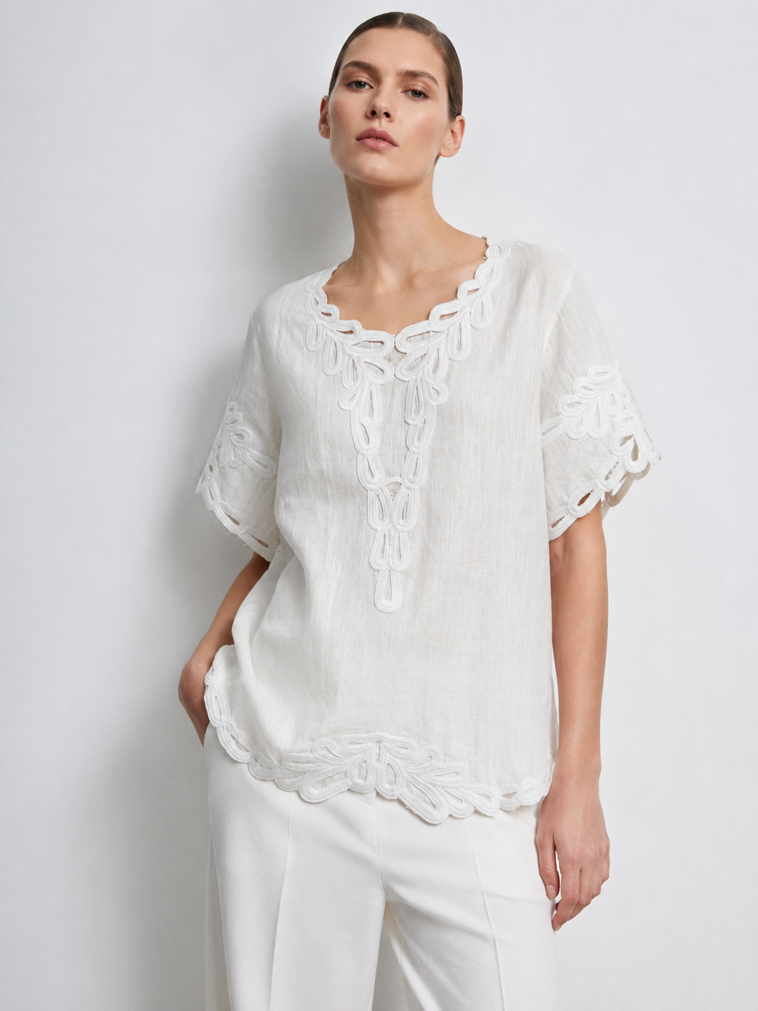 Boho White Top with Cording Detail Short Sleeve Loose Summer Blouse K-41910