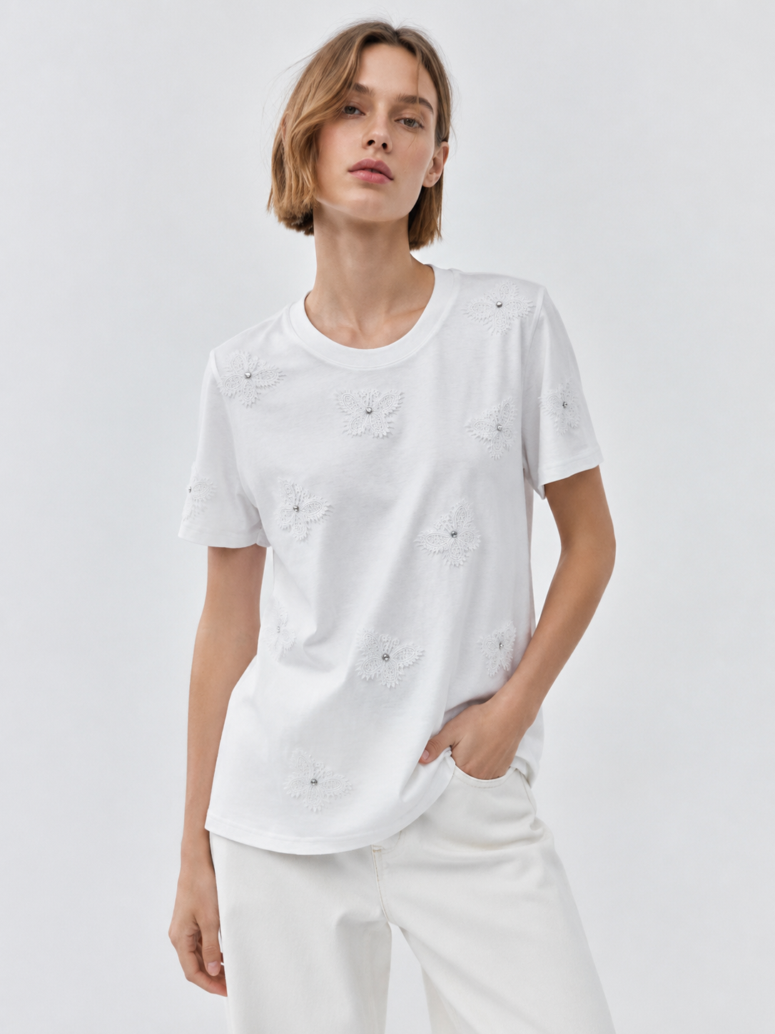 Women's White Floral Lace Applique Embellished T-Shirt Short Sleeve Casual Summer Top M-40196-3