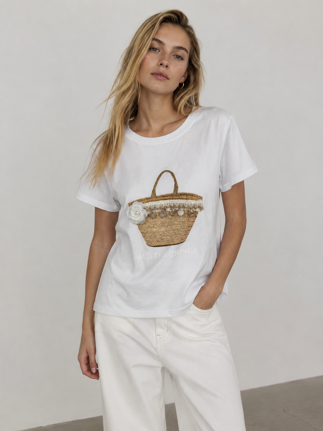 Women's Cute Straw Basket Embroidered Charm T-Shirt Casual Summer Blouse M-42129-10