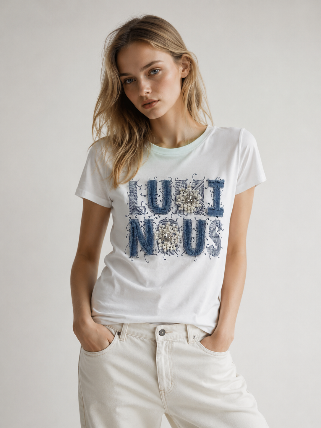 Women's Romantic Beaded Embroidery Letter T-Shirt Casual Summer Top M-42129-22