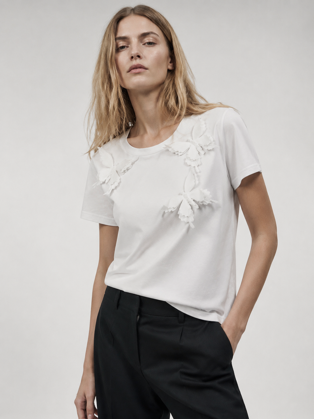  Women's 3D White Butterfly Applique Pearl Beaded Summer T-Shirt M-42130-6
