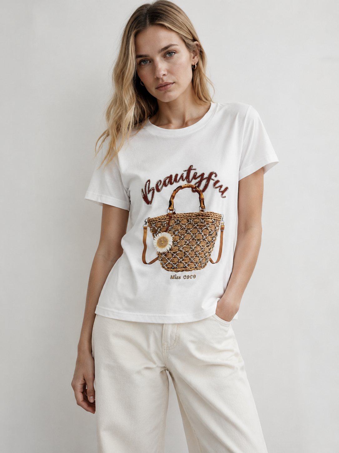 Women's Cute 3D Straw Handbag Embellished "Beautiful" Graphic Tee M-42131-7
