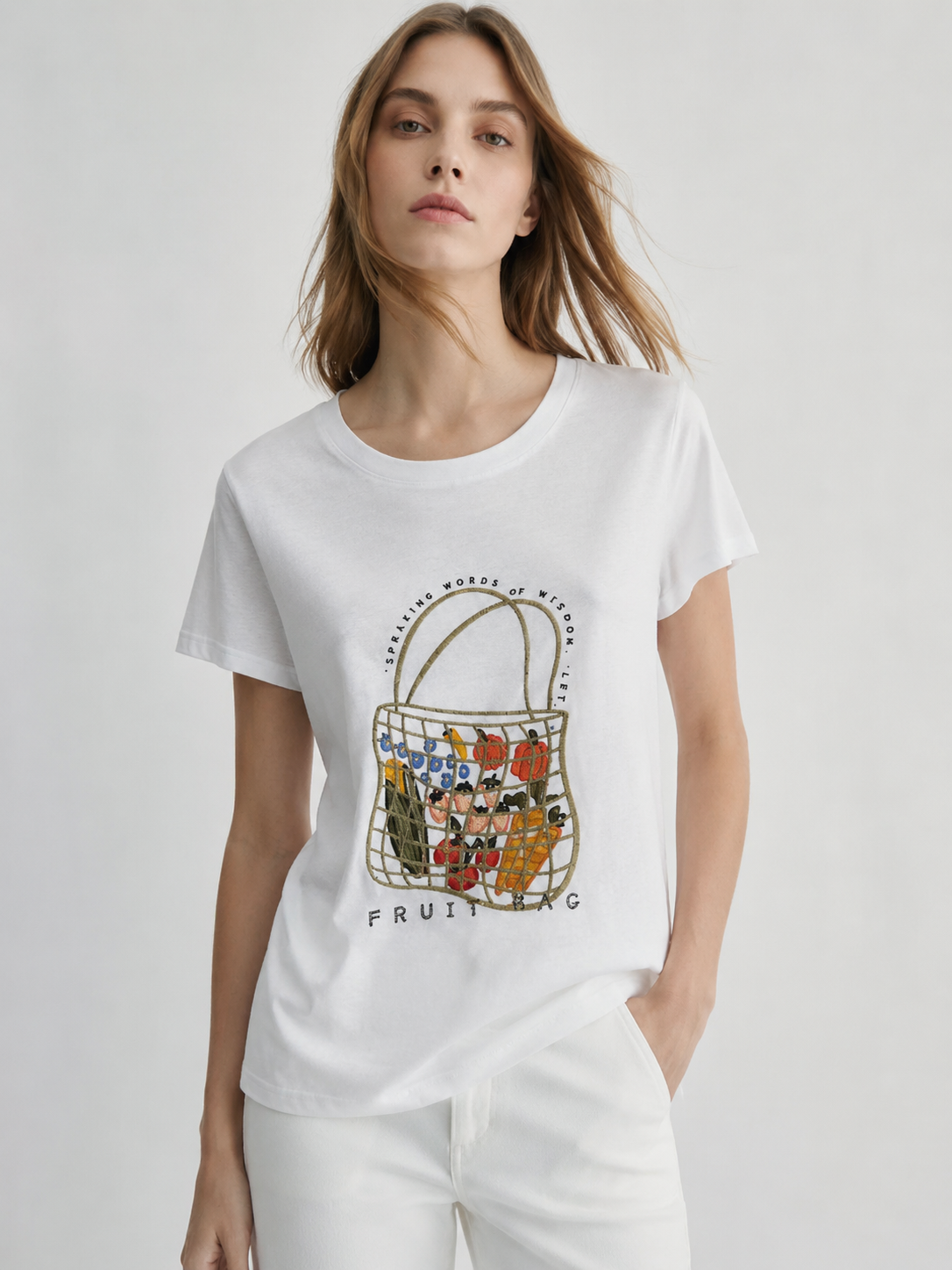 Women's Resort Fruit Basket Print Tee Glitter Outline Casual Summer T-Shirt M-42131-8