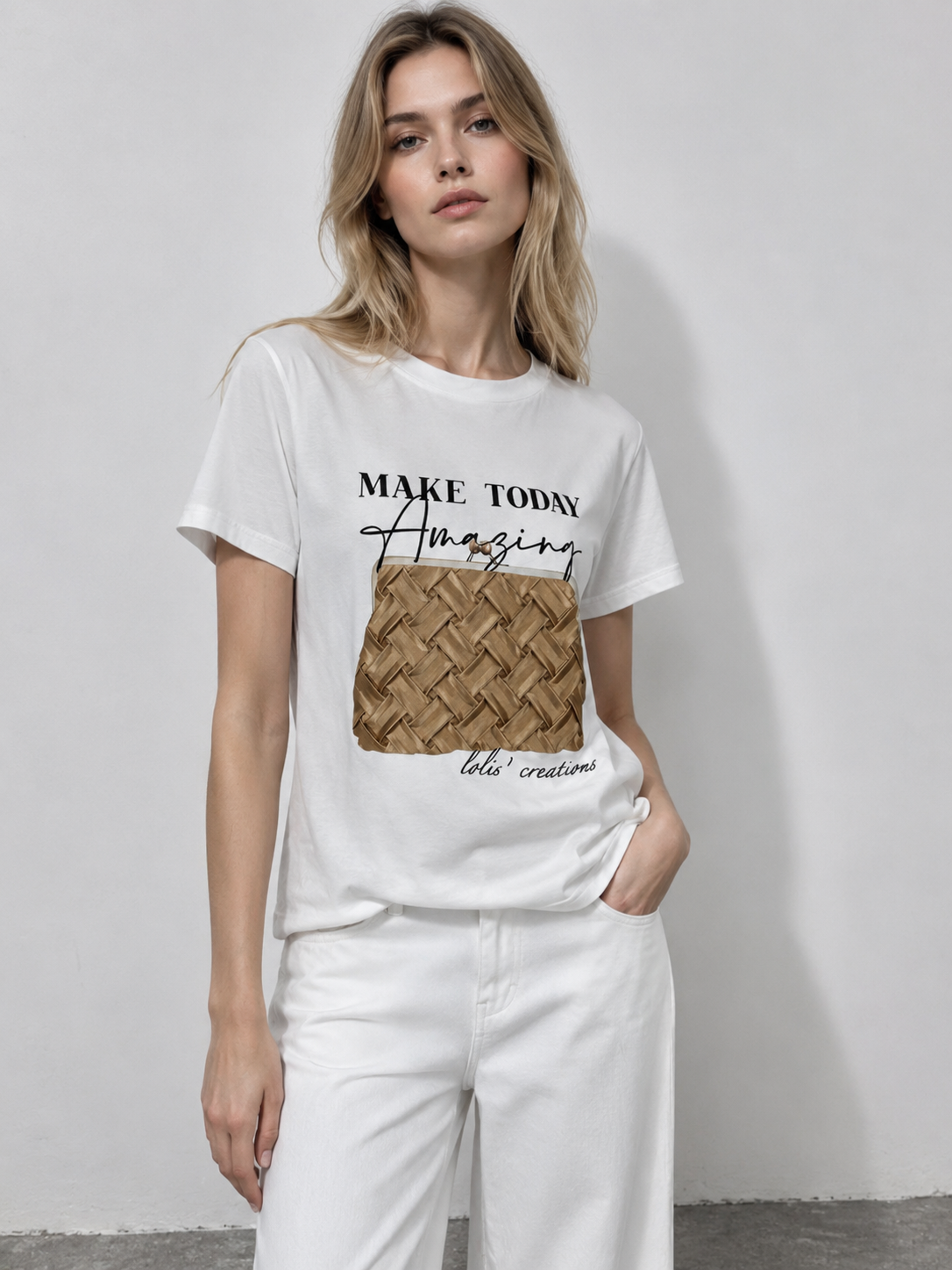  Women's Woven Tote Bag Print Shirt Cute Pearl Charm Slogan Summer T-Shirt M-42131-9