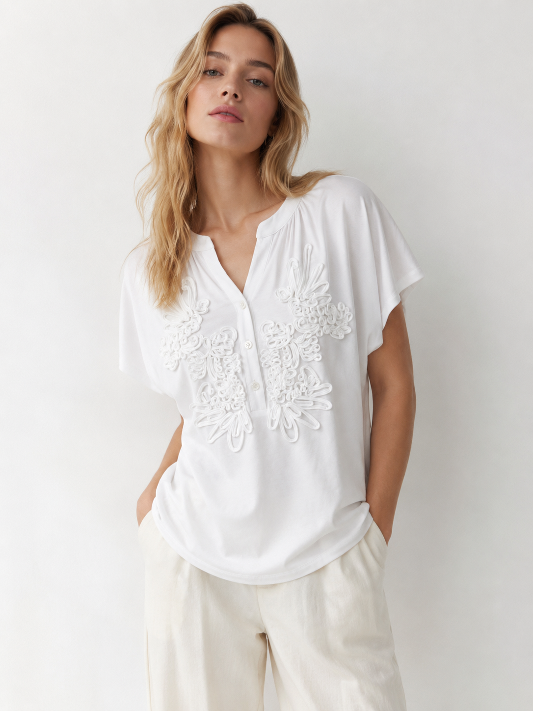Women's 3D Floral Cord Embroidered Henley Blouse Casual Loose Fit White Top M-42164