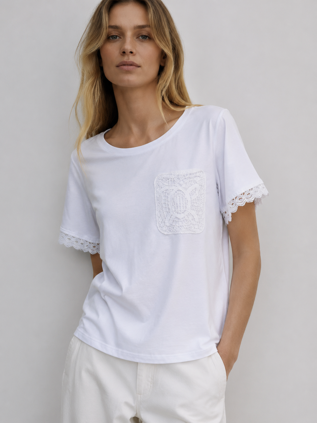 Elegant Tone-on-Tone Lace Applique Pocket Blouse with Crochet Detail Sleeve Trim M-42165