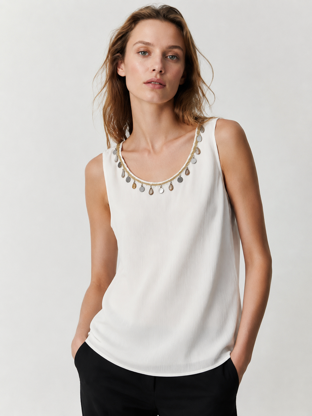 Women's Heavy Embellished Neckline Chiffon Tunic Casual Loose Fit Top M-42214