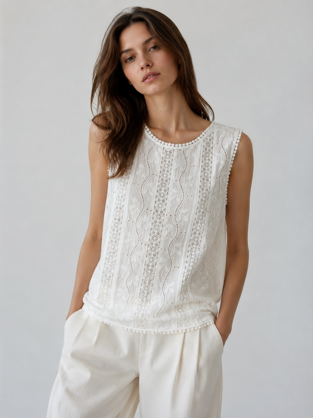 Heavy Lace Insert Sleeveless Top Victorian Inspired White Eyelet Summer Blouse P-27090