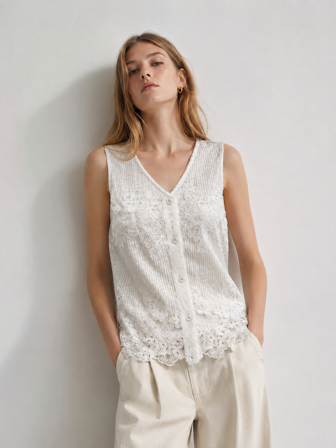 Vintage Inspired Floral Embroidery Lace Top V-Neck Button Front Sleeveless Shirt W-26414
