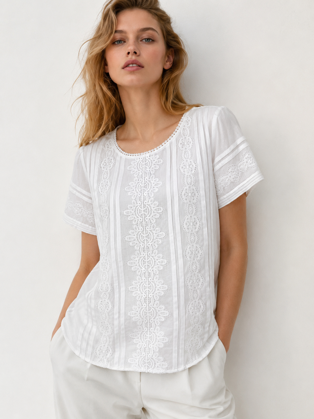 Wholesale Vintage Pin-tuck Lace Blouse Broderie Anglaise Summer Shirt Top W-26558