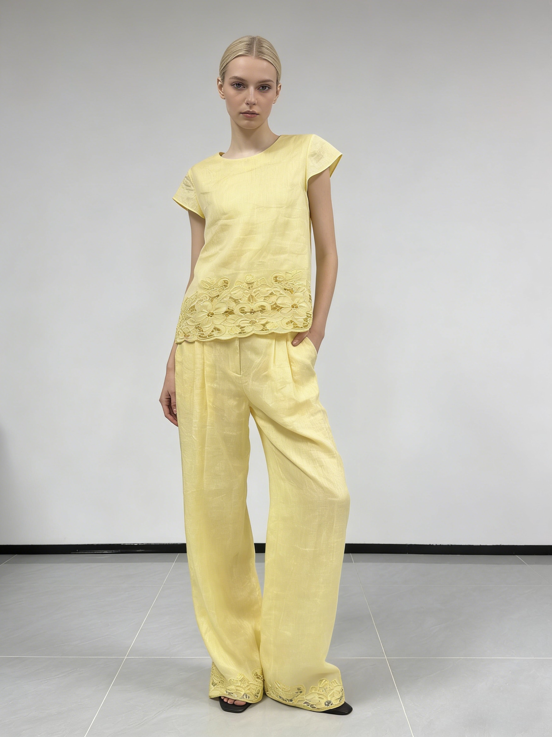 Premium Cut-out Embroidery Linen Top, Elegant Summer Resort Wear A-42591