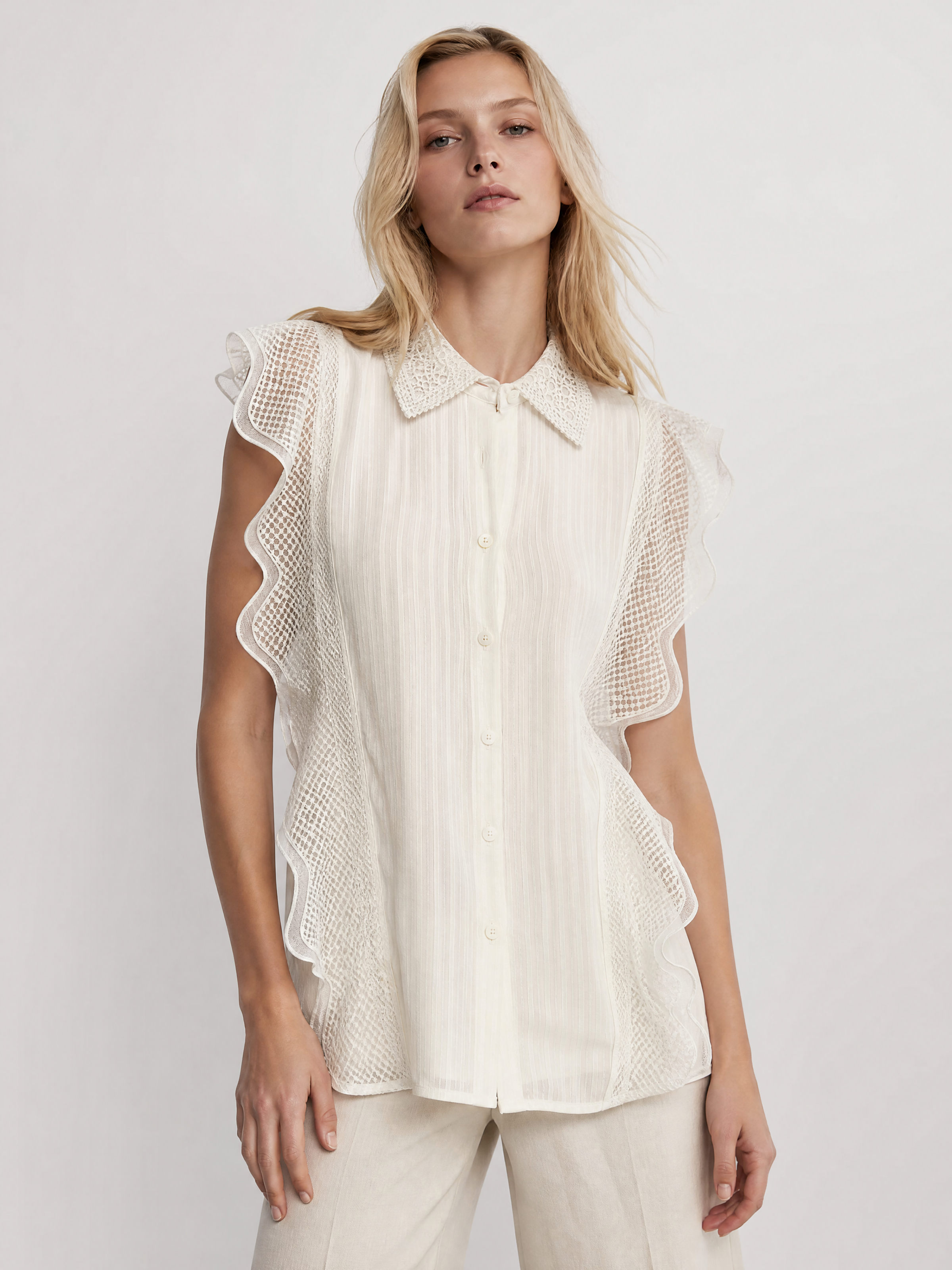 Cottagecore White Eyelet Blouse Delicate Scalloped Ruffle Sleeve Summer Resort Top Y-34752