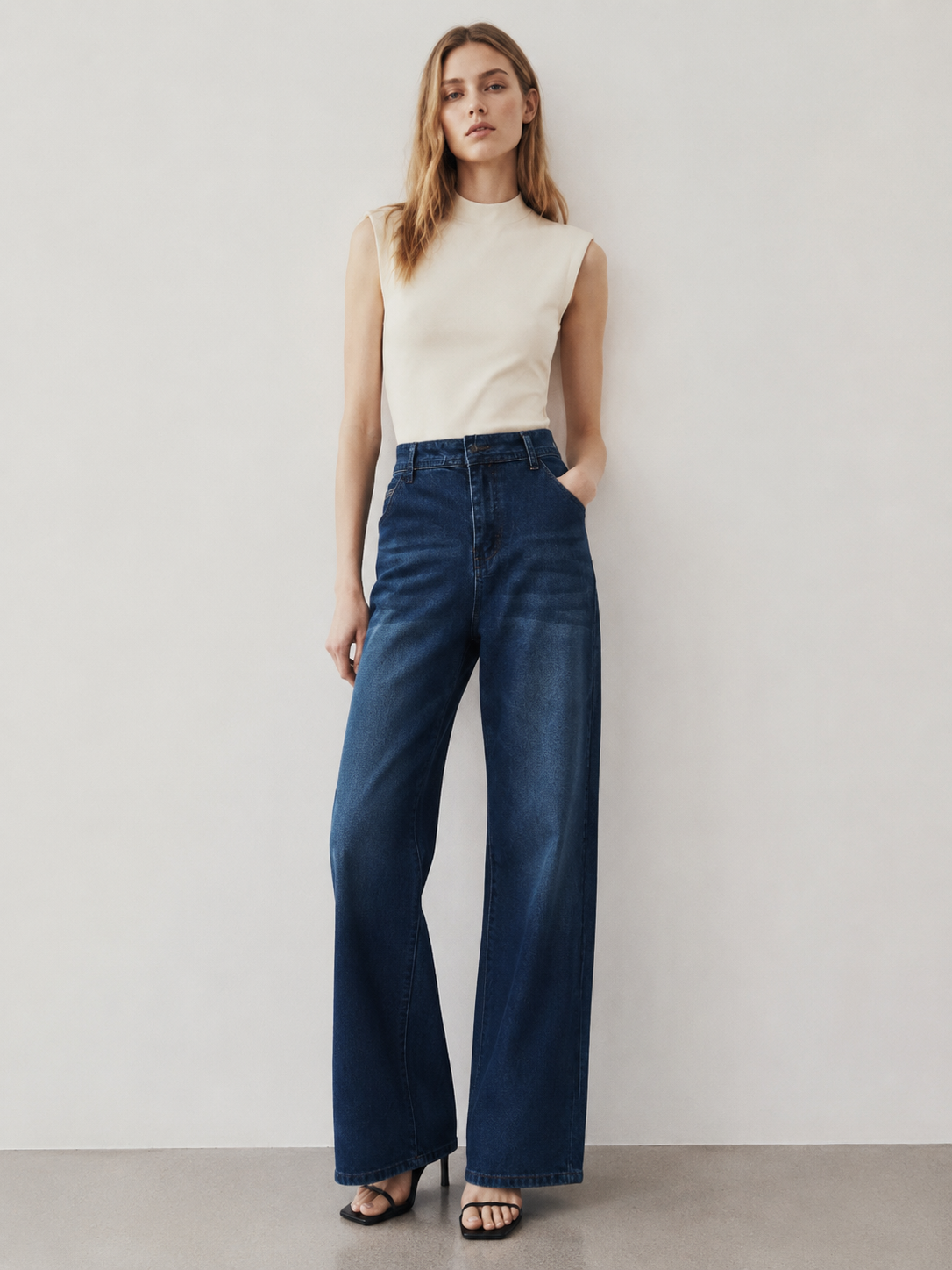 Premium Dark Blue Straight Jeans High-Rise Slimming Fit Denim Pants ZY5023