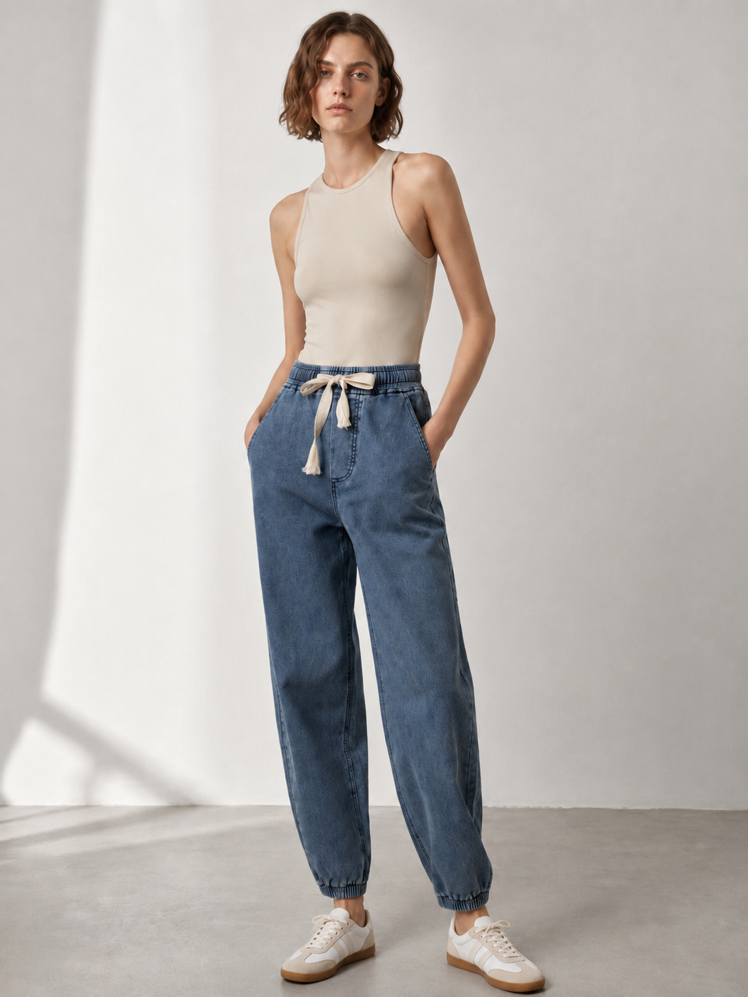 High Waist Drawstring Denim Joggers Women's Loose Fit Casual Jeans ZY5031