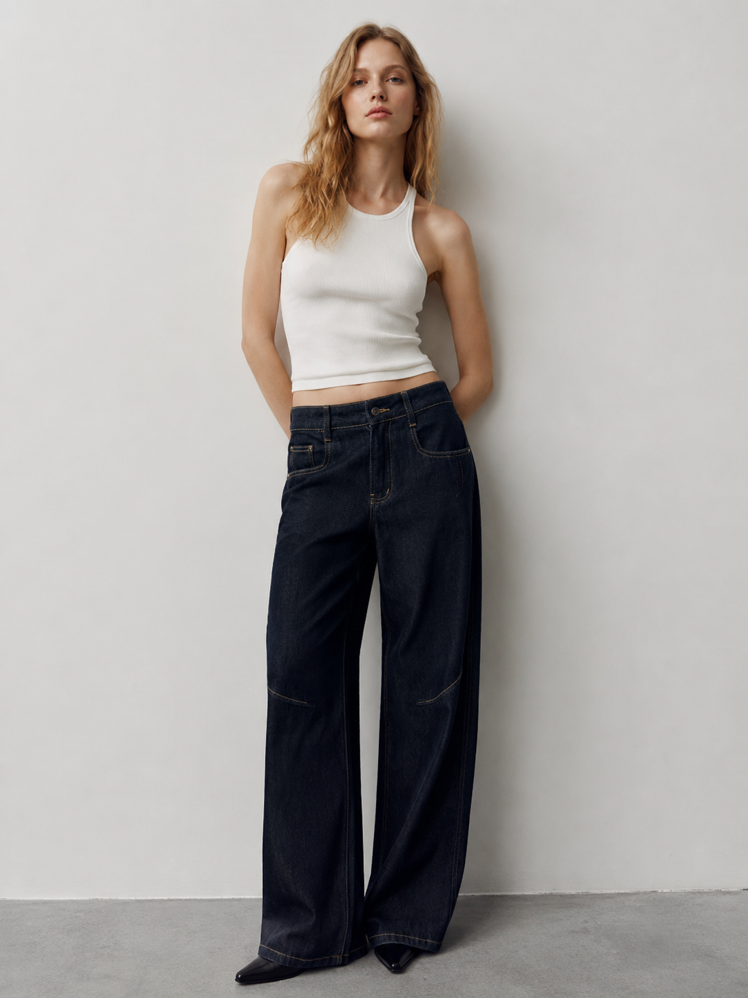 Vintage Dark Wash High Waist Wide Leg Jeans Retro Gold Stitch Denim Pants ZY6027