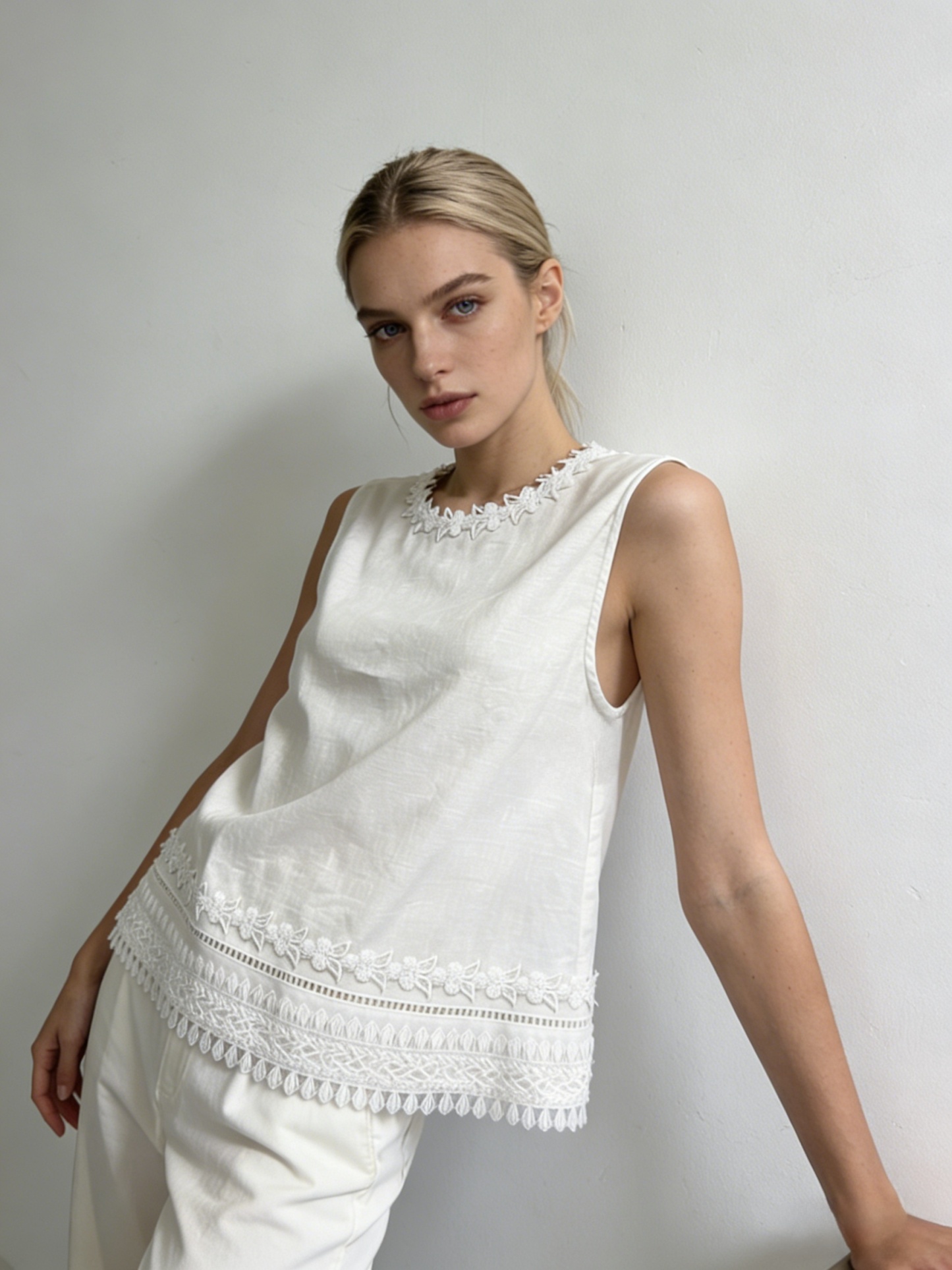 Women’s White Linen Embroidered Sleeveless Top – Summer Casual Resort Blouse A-42605