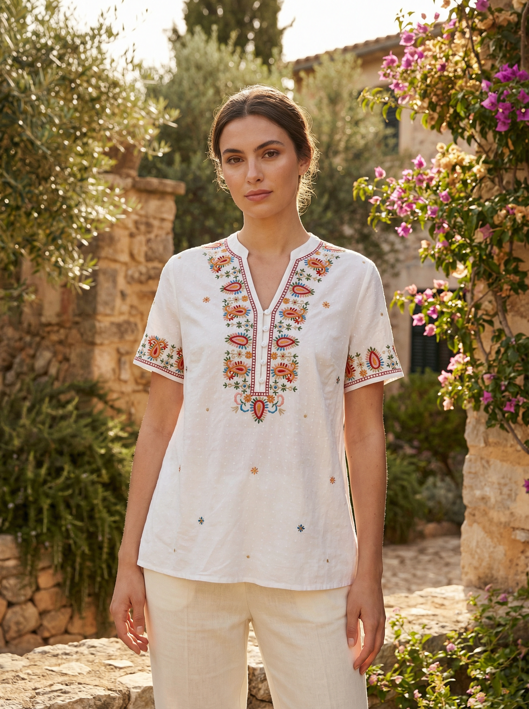 Women’s Boho Embroidered Blouse – Ethnic V Neck Loose Fit Summer Top D-42255