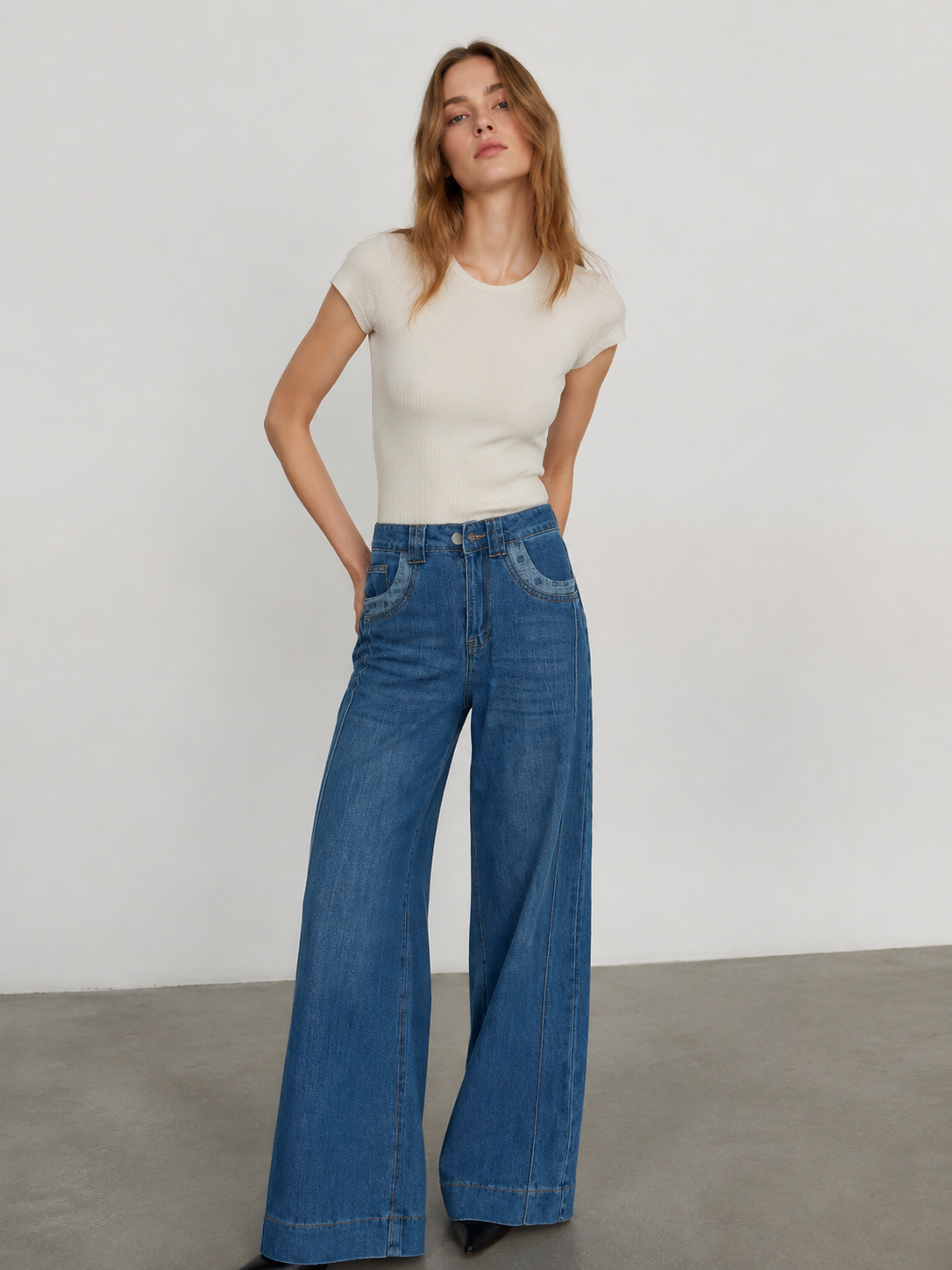 Women's Baggy Wide Leg Denim Jeans | Vintage Washed Contrast Pocket Street Style – OEM Wholesale ZY6030
