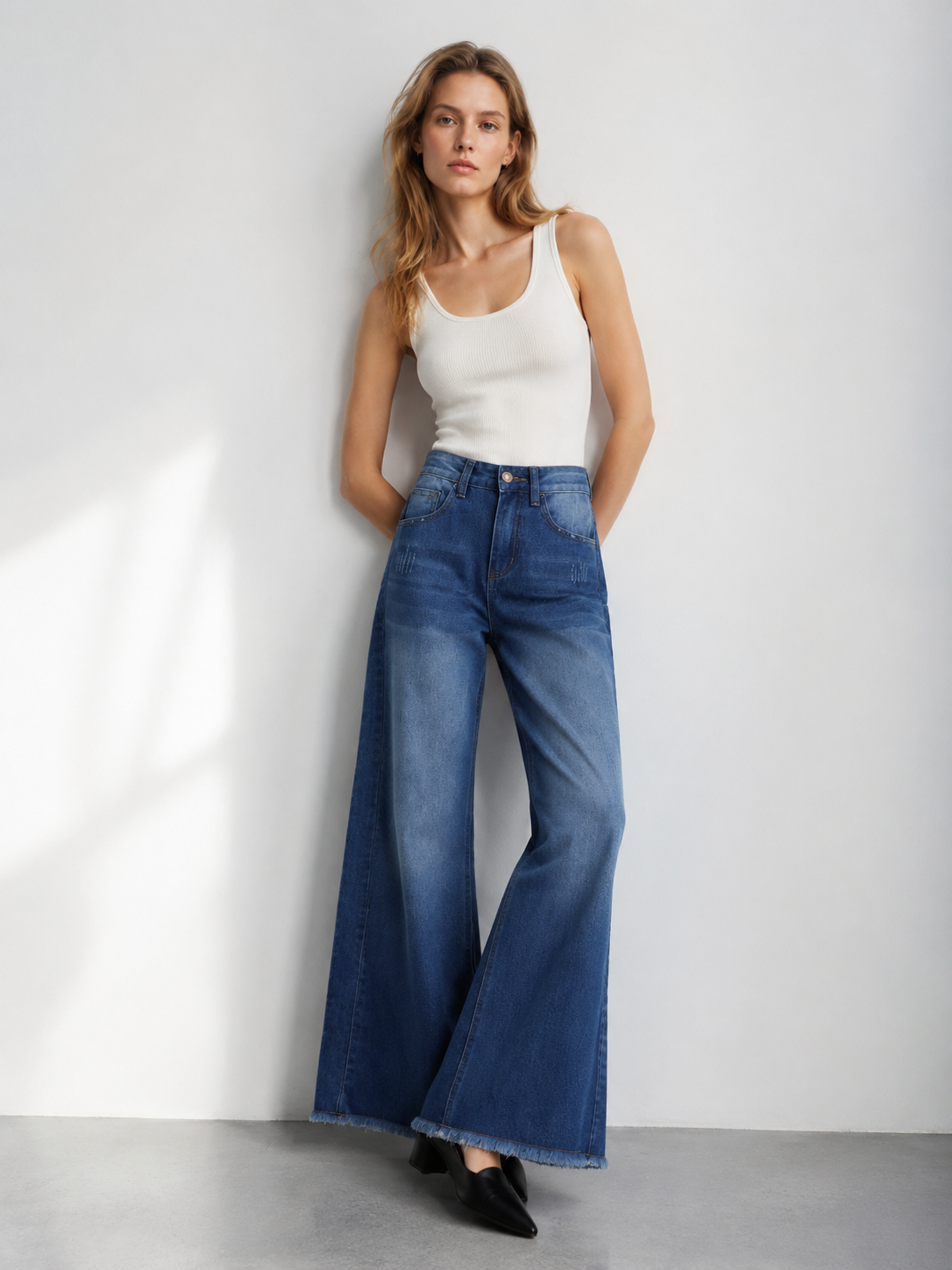 High Waist Wide Leg Frayed Hem Jeans ZY6033