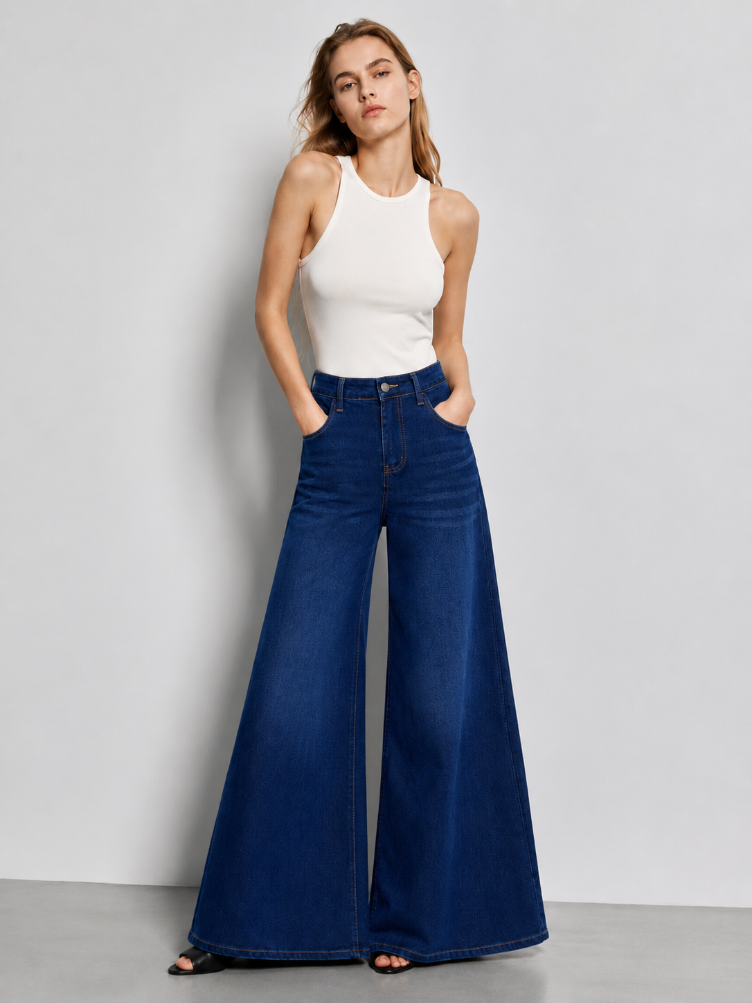 Women's High Waisted Wide Leg Deep Blue Denim Jeans ZY6059