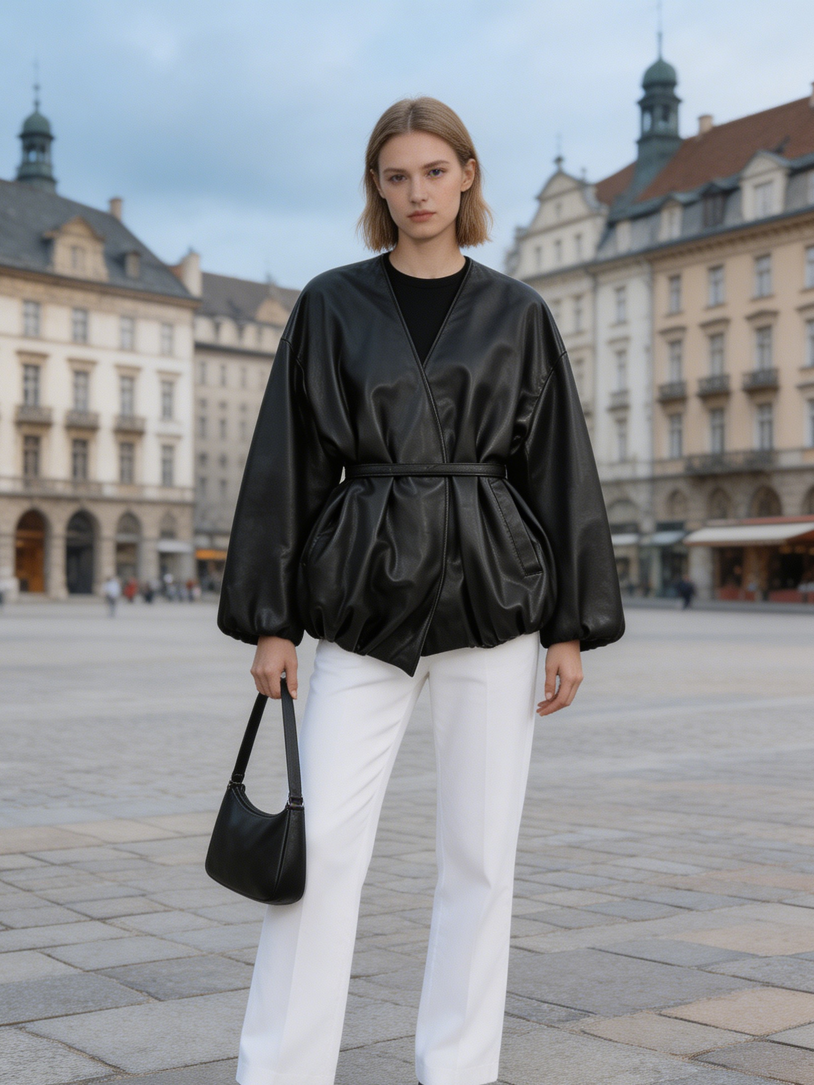 Contemporary Vegan Leather Wrapped Jacket with Balloon Hem 27508