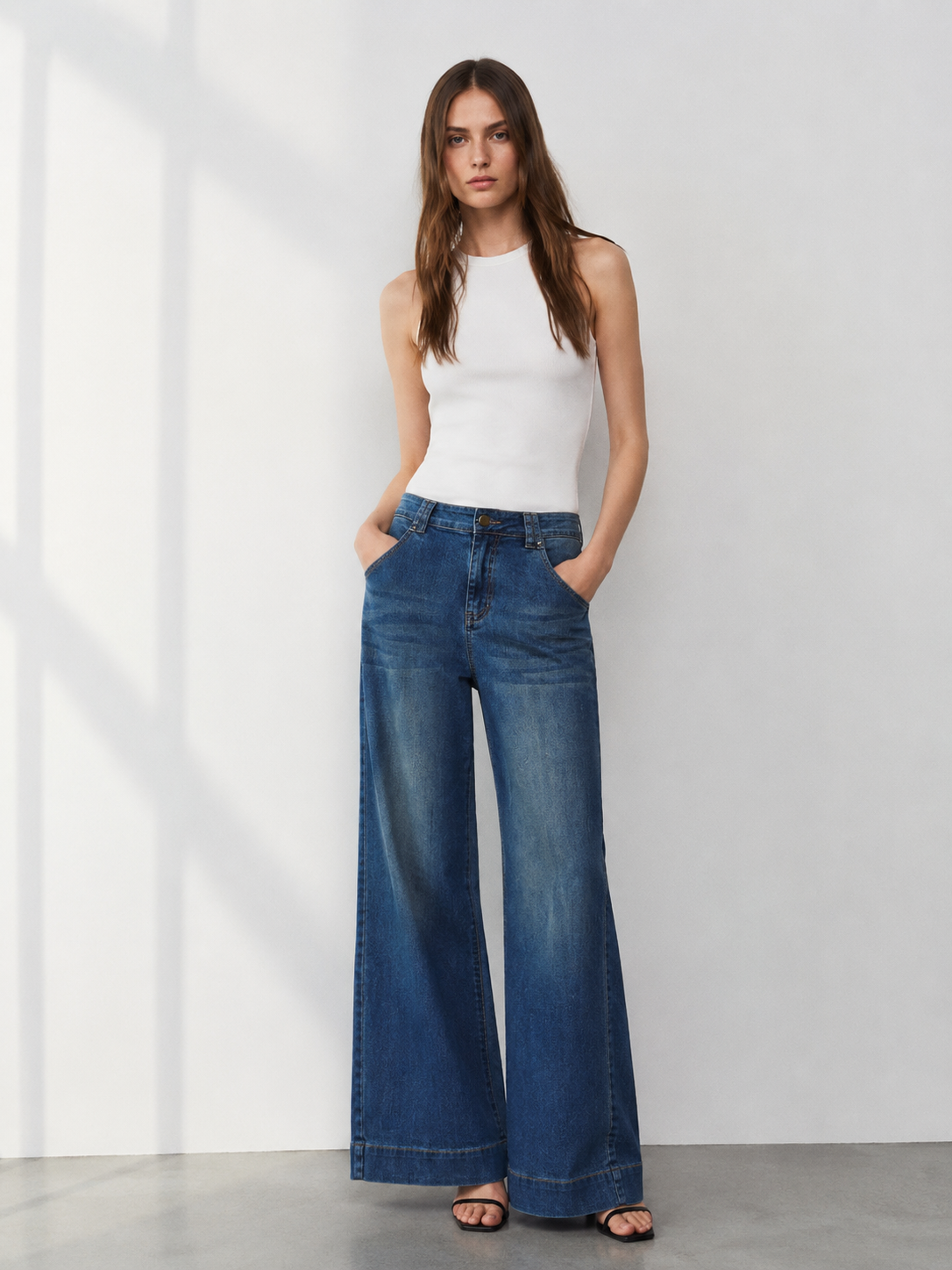 Women's Classic Mid Blue High Waisted Straight Fit Denim Pants ZY6060