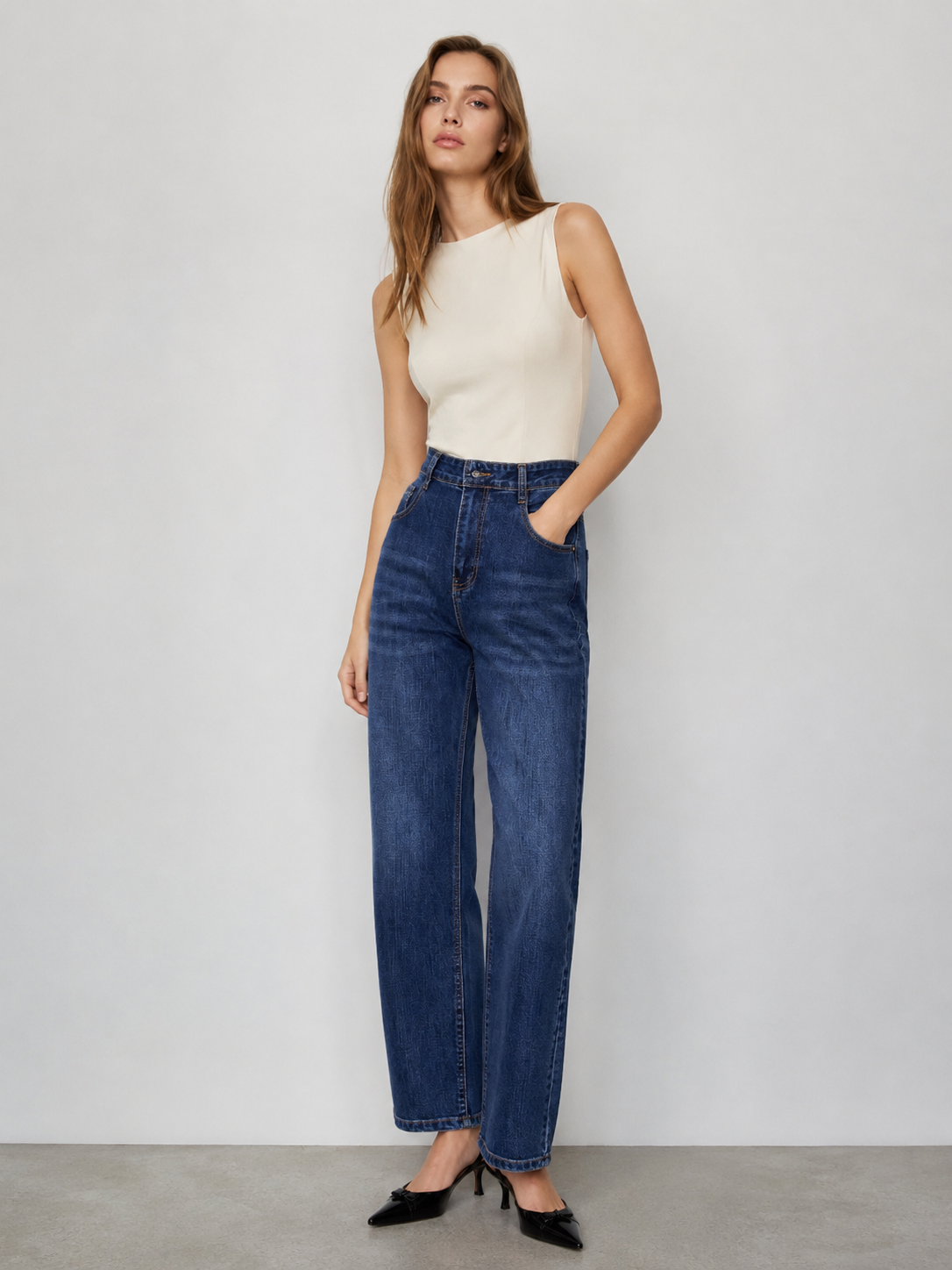 Women's Classic Mid-Blue High Waisted Straight Fit Jeans ZY6063