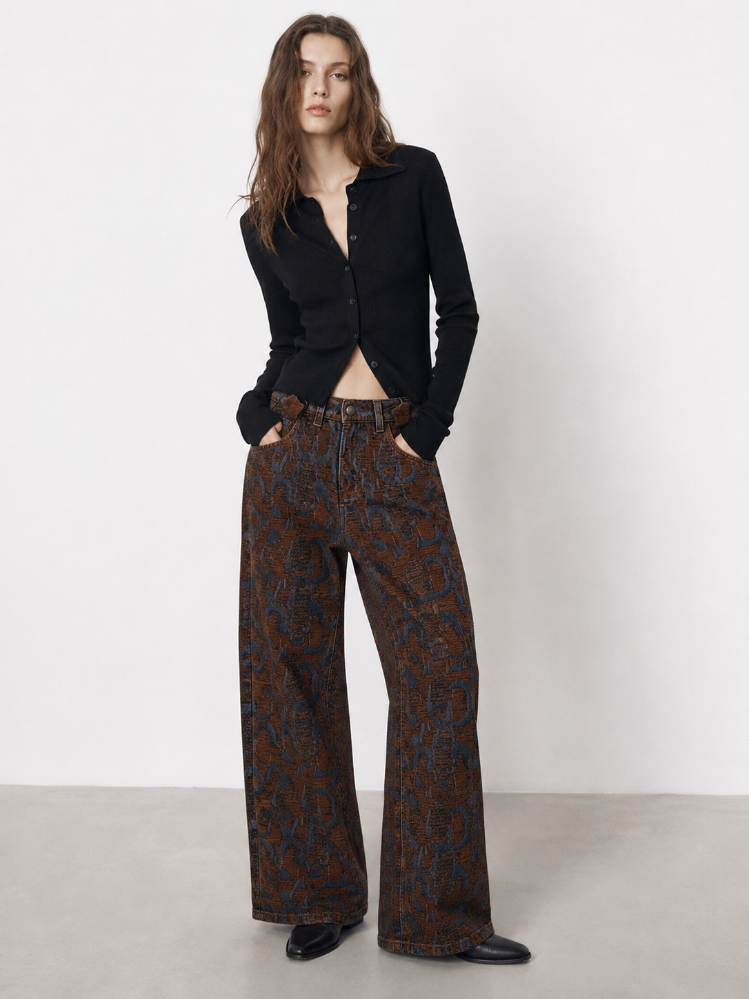 Y2K Streetwear Jacquard Pattern Straight Jeans Women Earth Tone Pants ZY6073