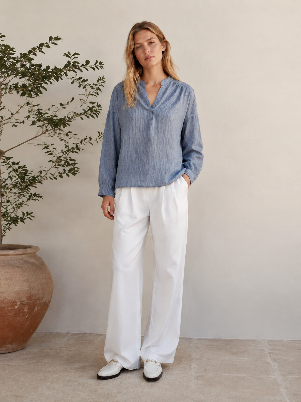 Textured Cotton Blouse – Casual V-Neck Balloon Sleeve Loose Fit Summer Top AN-121002