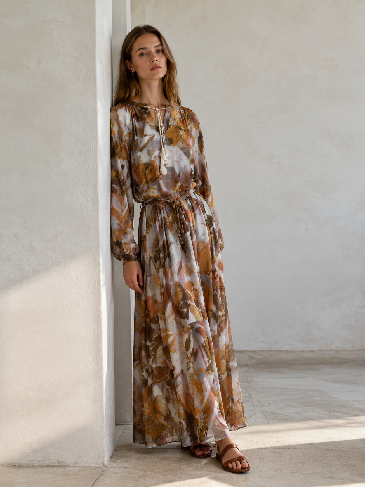 Boho Floral Maxi Dress – V-Neck Tassel Tie Loose Fit Long Sleeve Resort Dress AN-121008