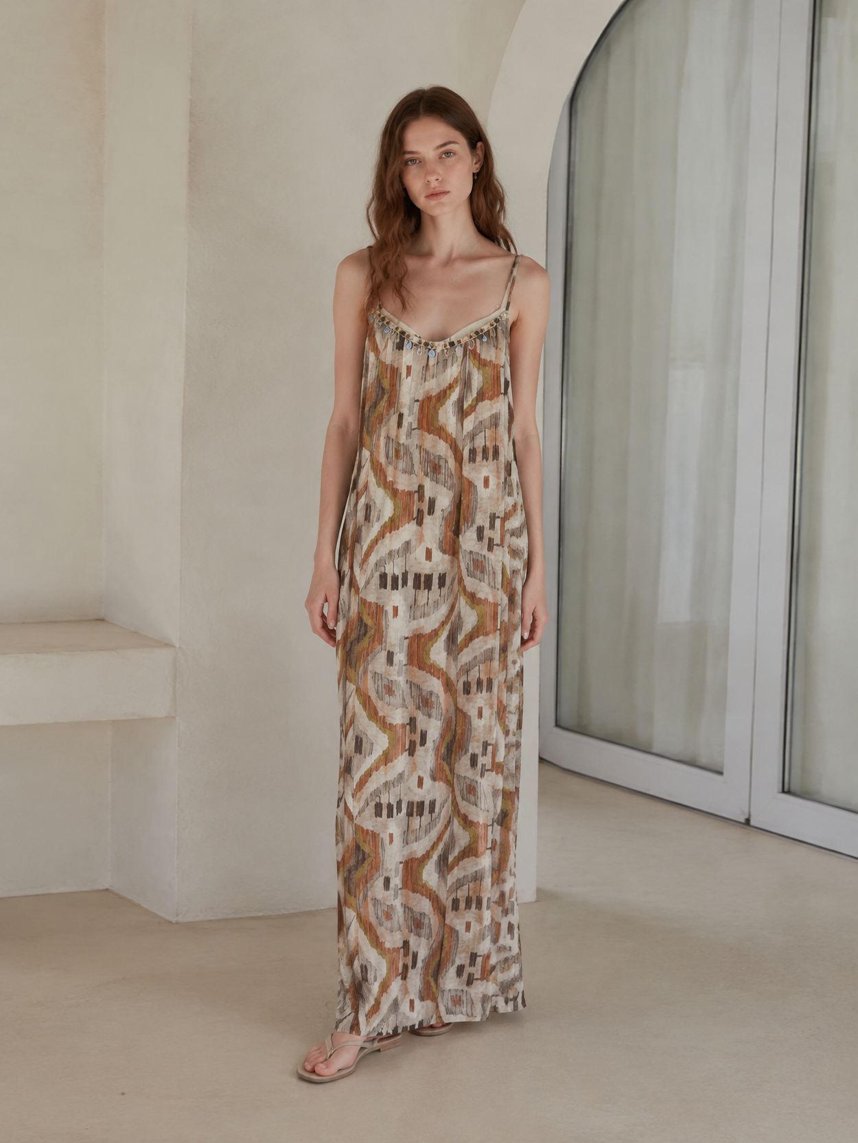 Boho Beaded Neckline Maxi Dress Women Geometric Print Summer Resort Wear AN-121009