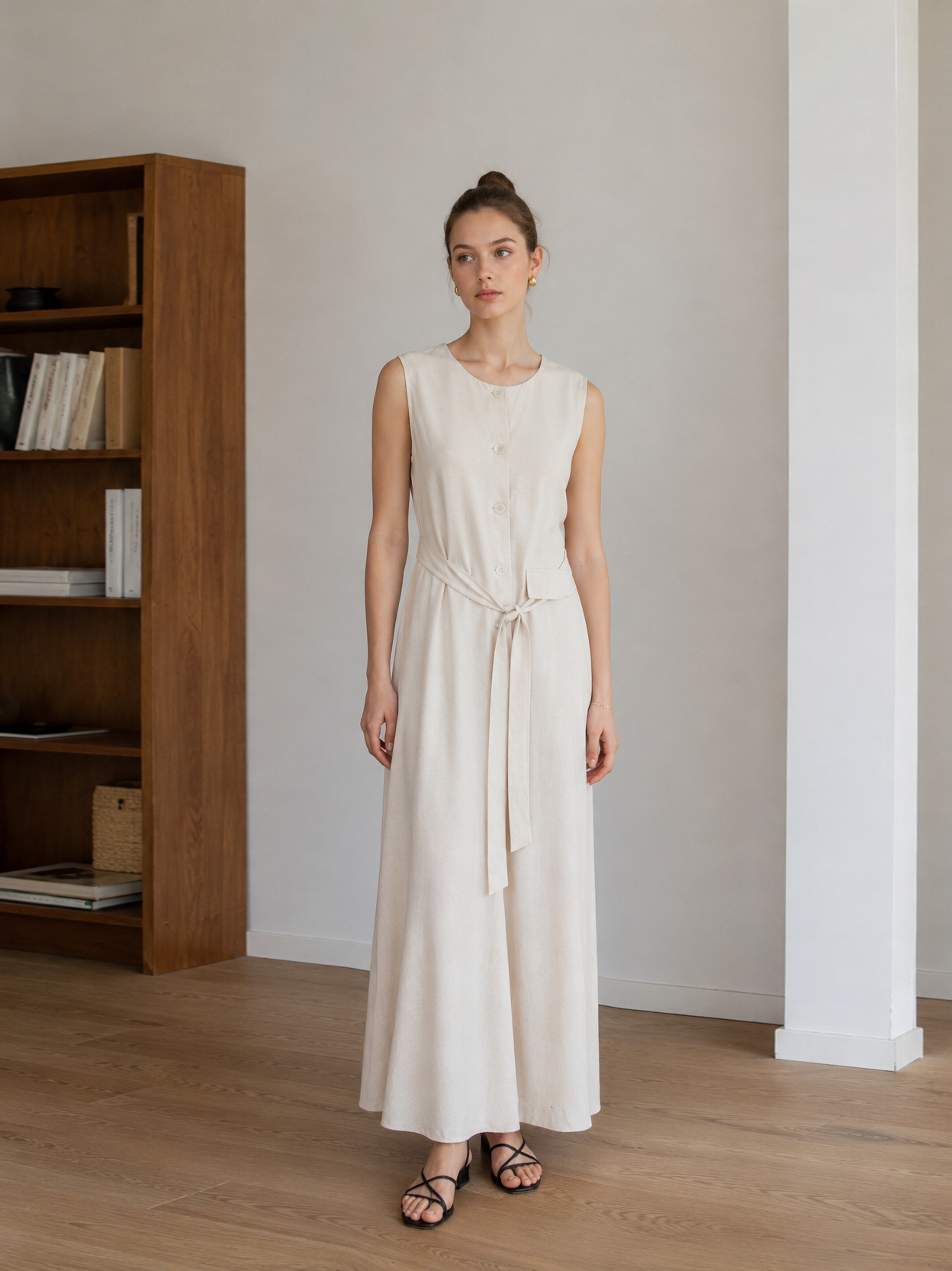 Quiet Luxury Linen Look Sleeveless Button Down Midi Dress with Belt AN-121011