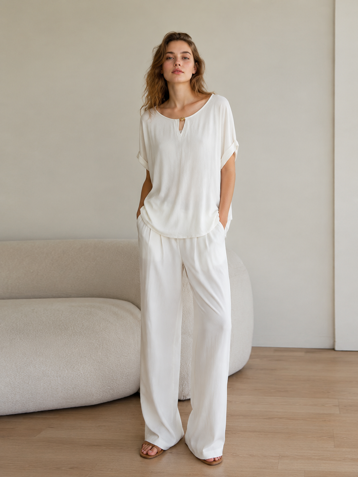 Minimalist V-Neck Keyhole Blouse Metal Ring Detail Relaxed White Top AN-121015