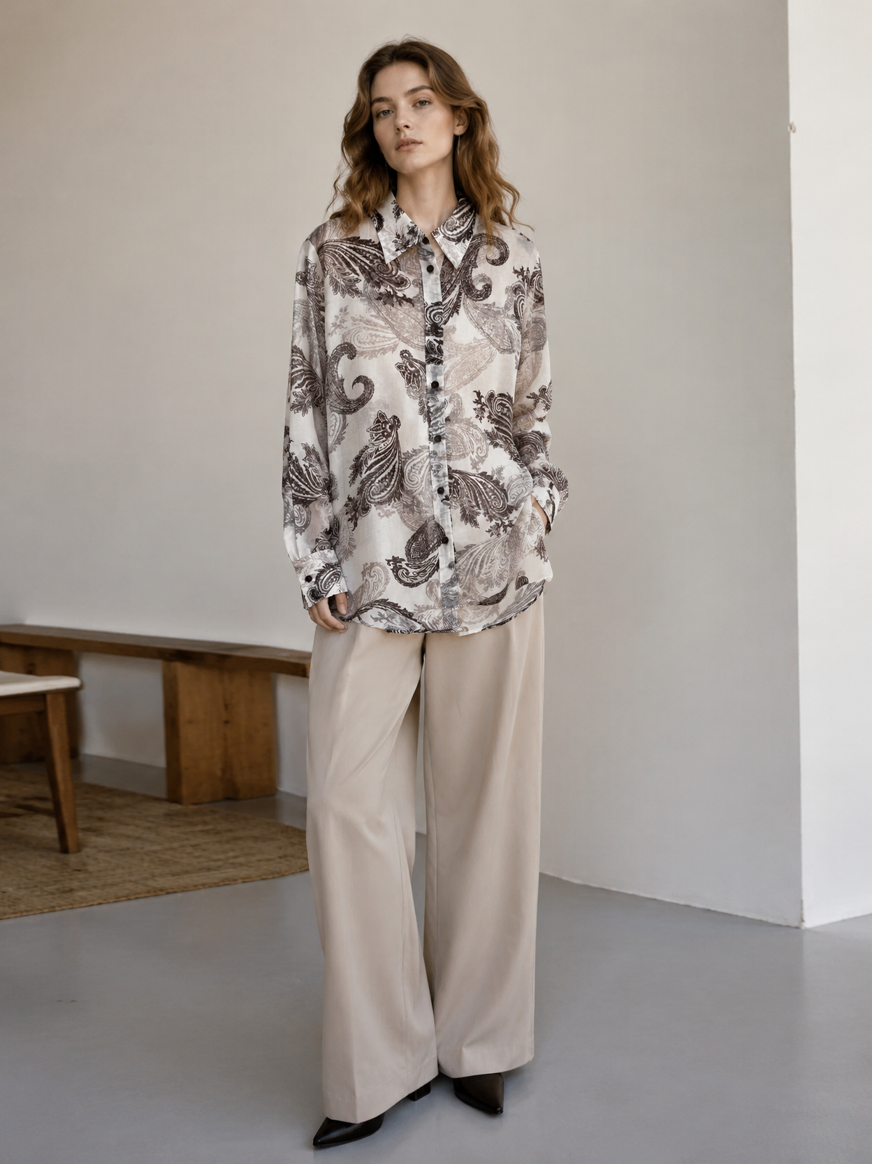 Vintage Paisley Print Linen Blend Long Sleeve Shirt AN-121023