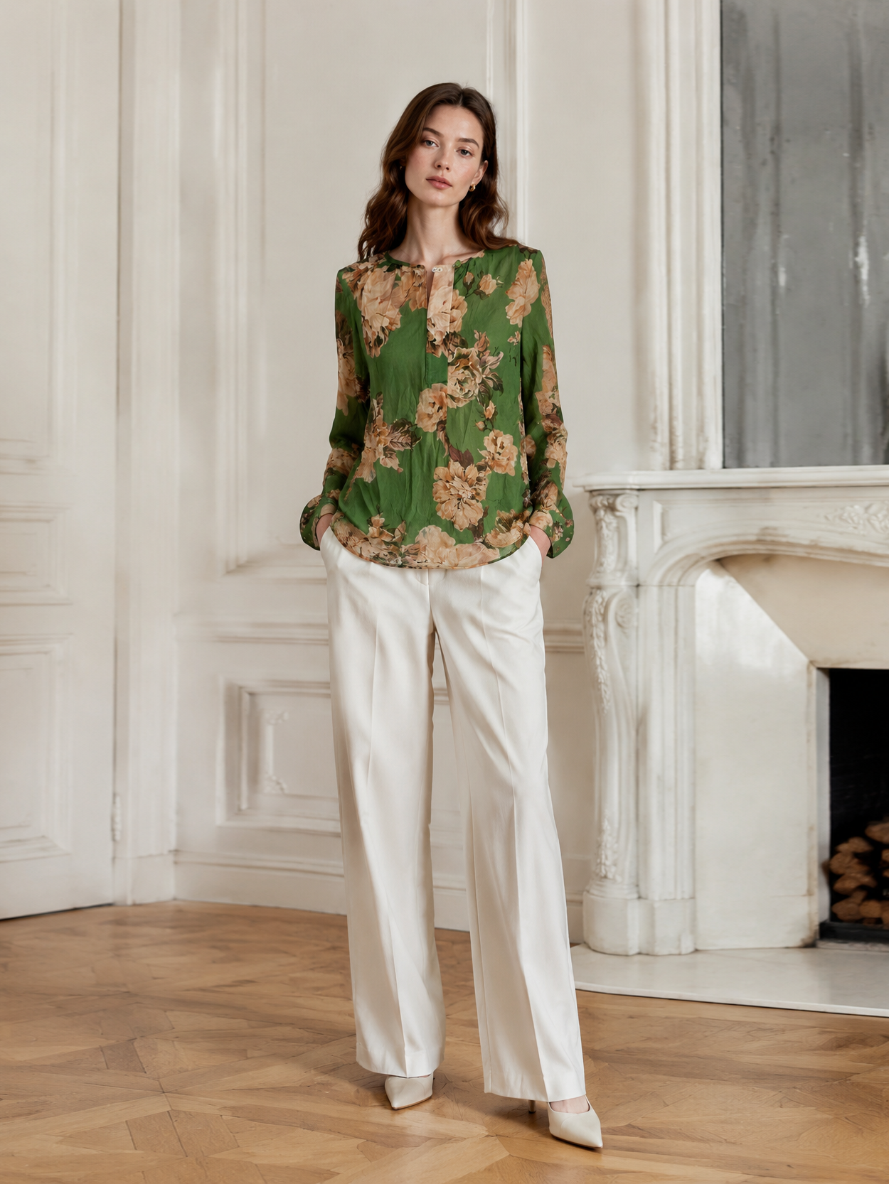Minimalist Floral Print Long Sleeve Blouse - Premium Linen Look AN-620018