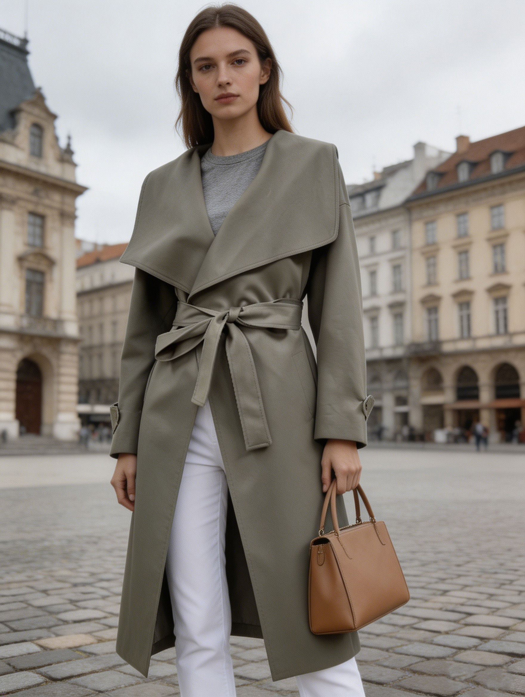 Minimalist Belted Trench Coat – Oversized Lapel Wrap Elegant Long Coat 57703