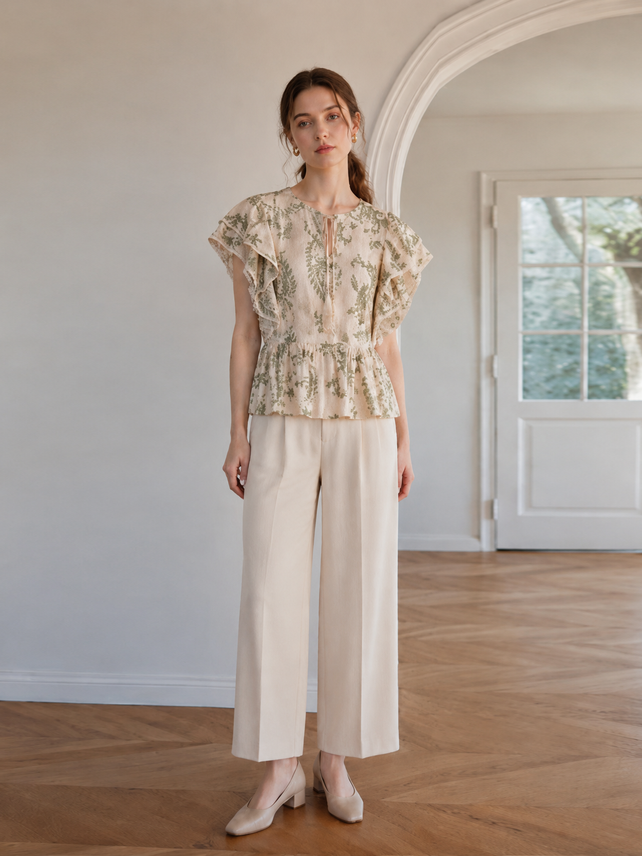 Boho Beige Paisley Print Blouse - Ruffle Sleeve Relaxed Fit Top  AN-710027