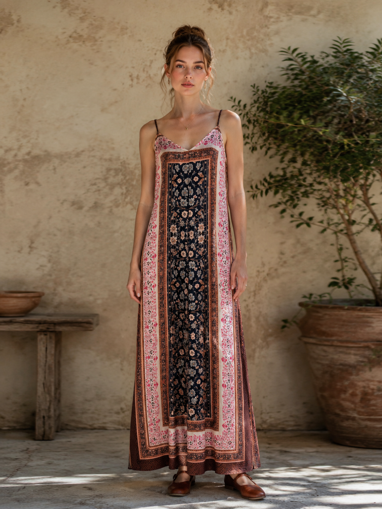  Boho Chic Placement Floral Print Slip Maxi Dress AN-620048