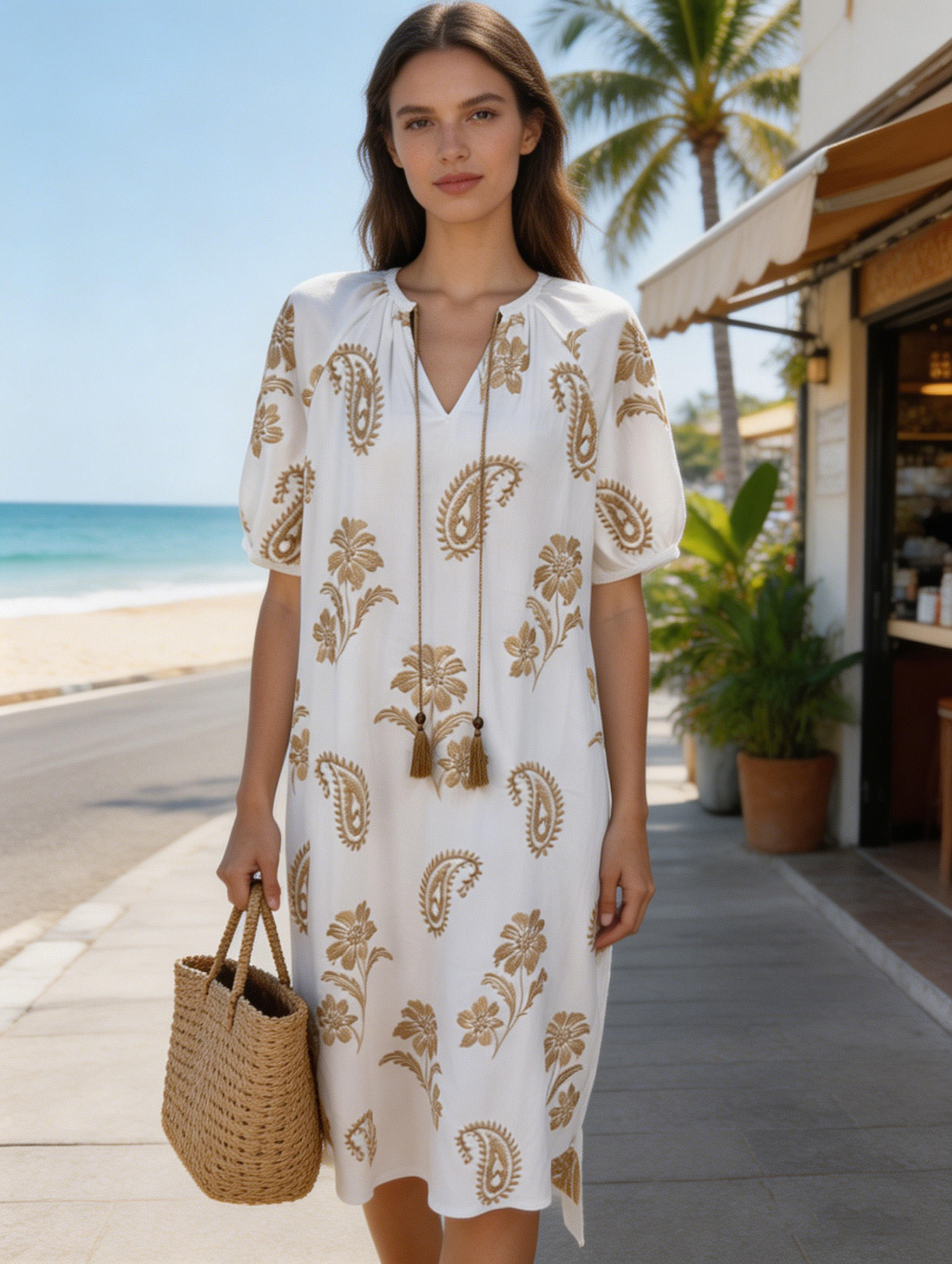 Women's Boho Chic White Midi Dress with Gold Paisley Embroidery and Tassel Tie C-42574