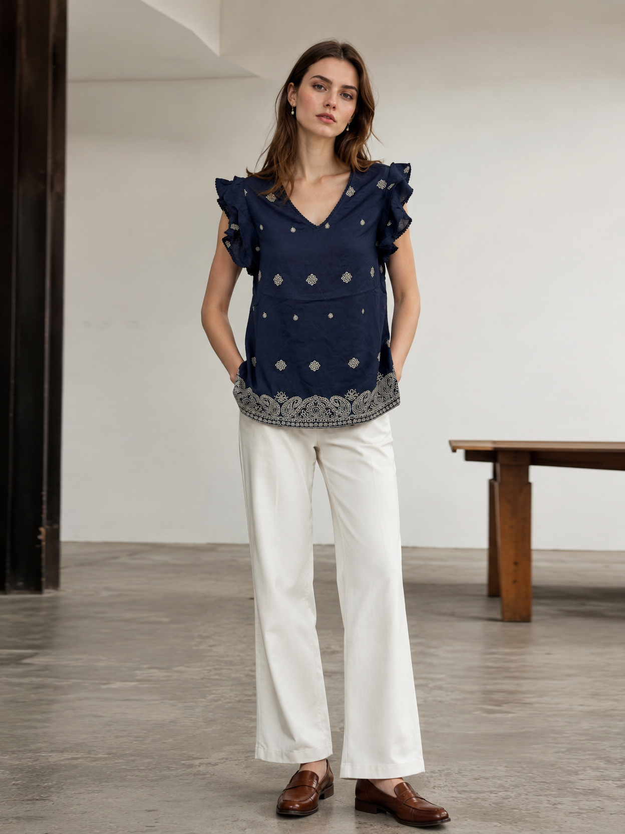 Linen-Blend Embroidered Blouse with Ruffled Sleeves AN-710001
