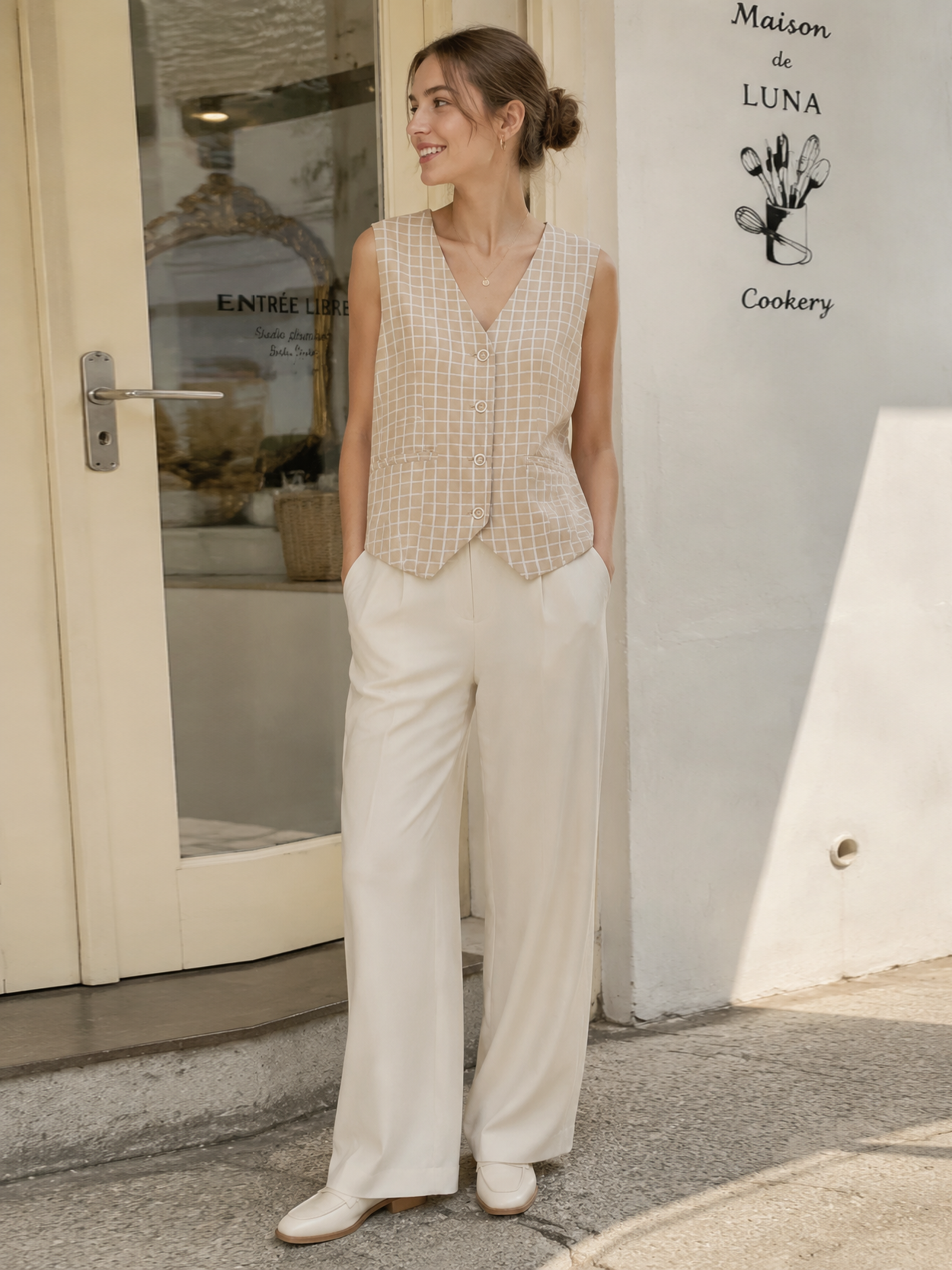 Minimalist Grid Print V-Neck Layering Vest AN-710012