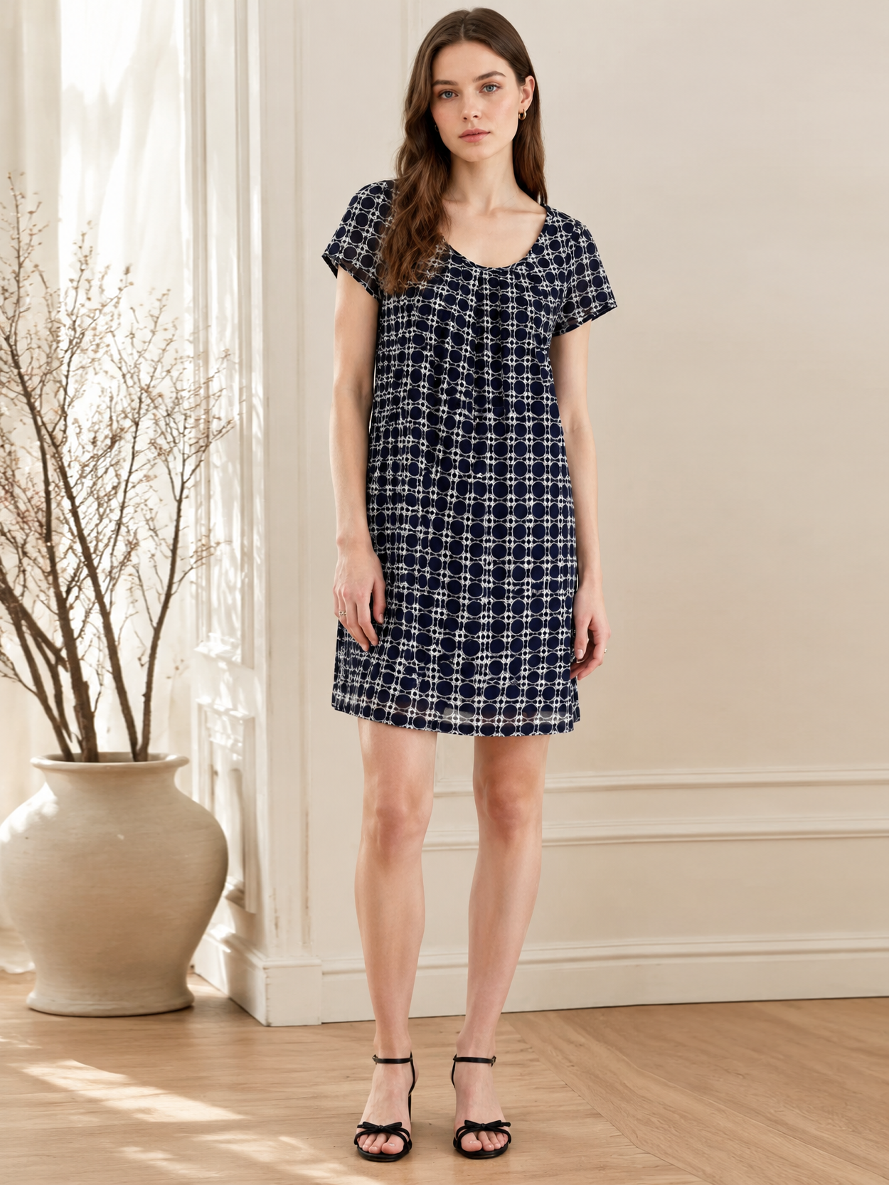 Retro Navy Geometric Print Dress - Round Neck Relaxed Fit Shift Dress  AN-710015