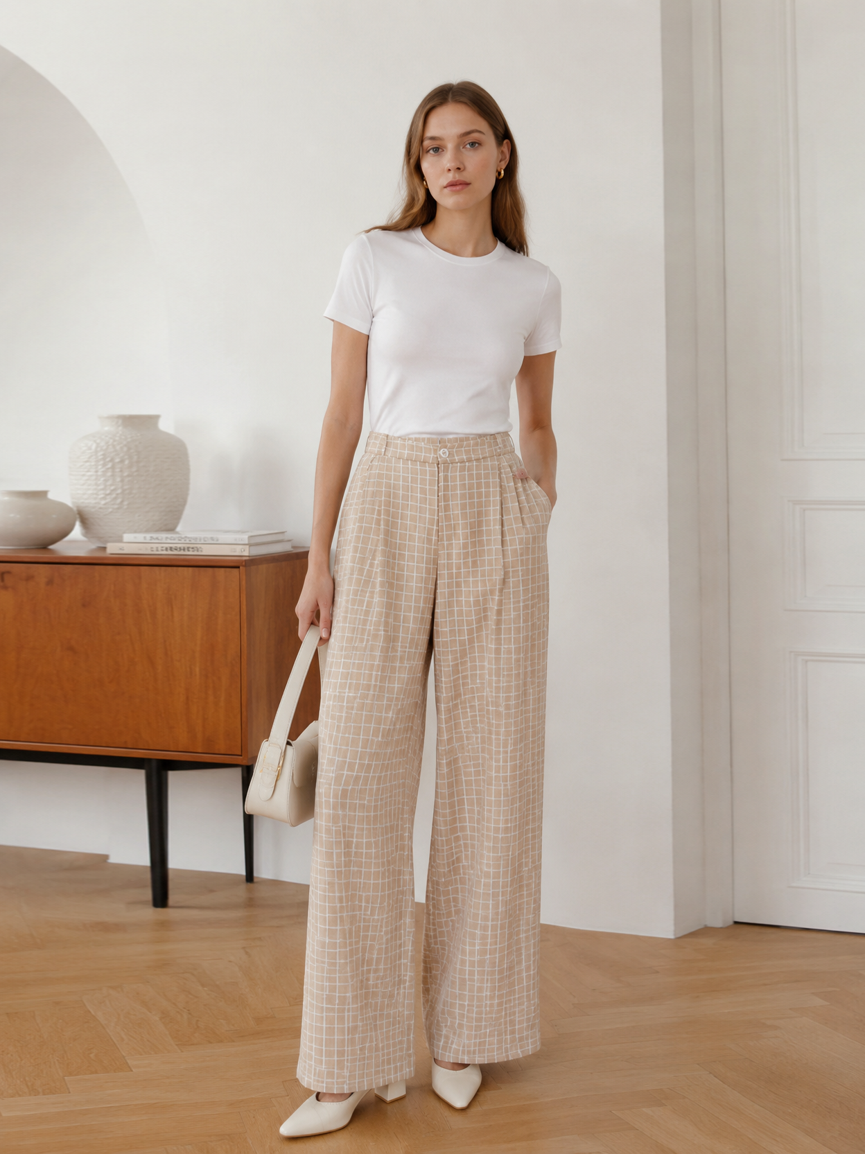 Minimalist Blue Grid Print High-Waisted Trousers AN-710016